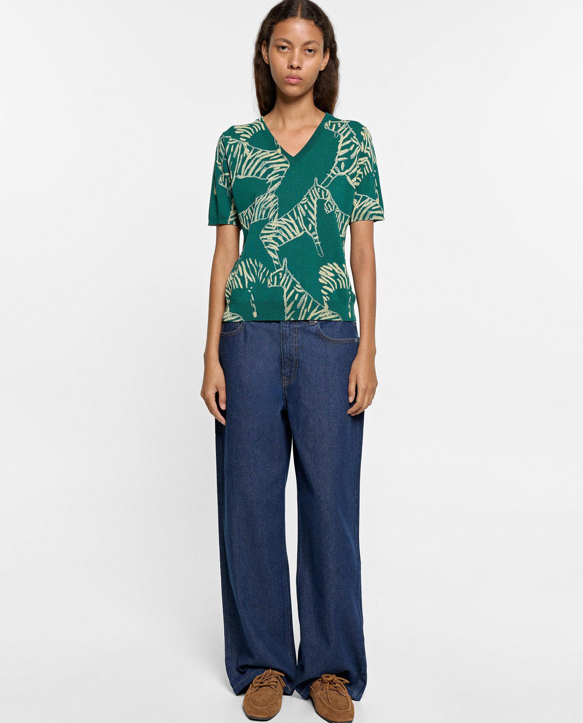 Jersey de mujer de punto de manga corta con estampado de animales - Parfois - Verde Verde-4