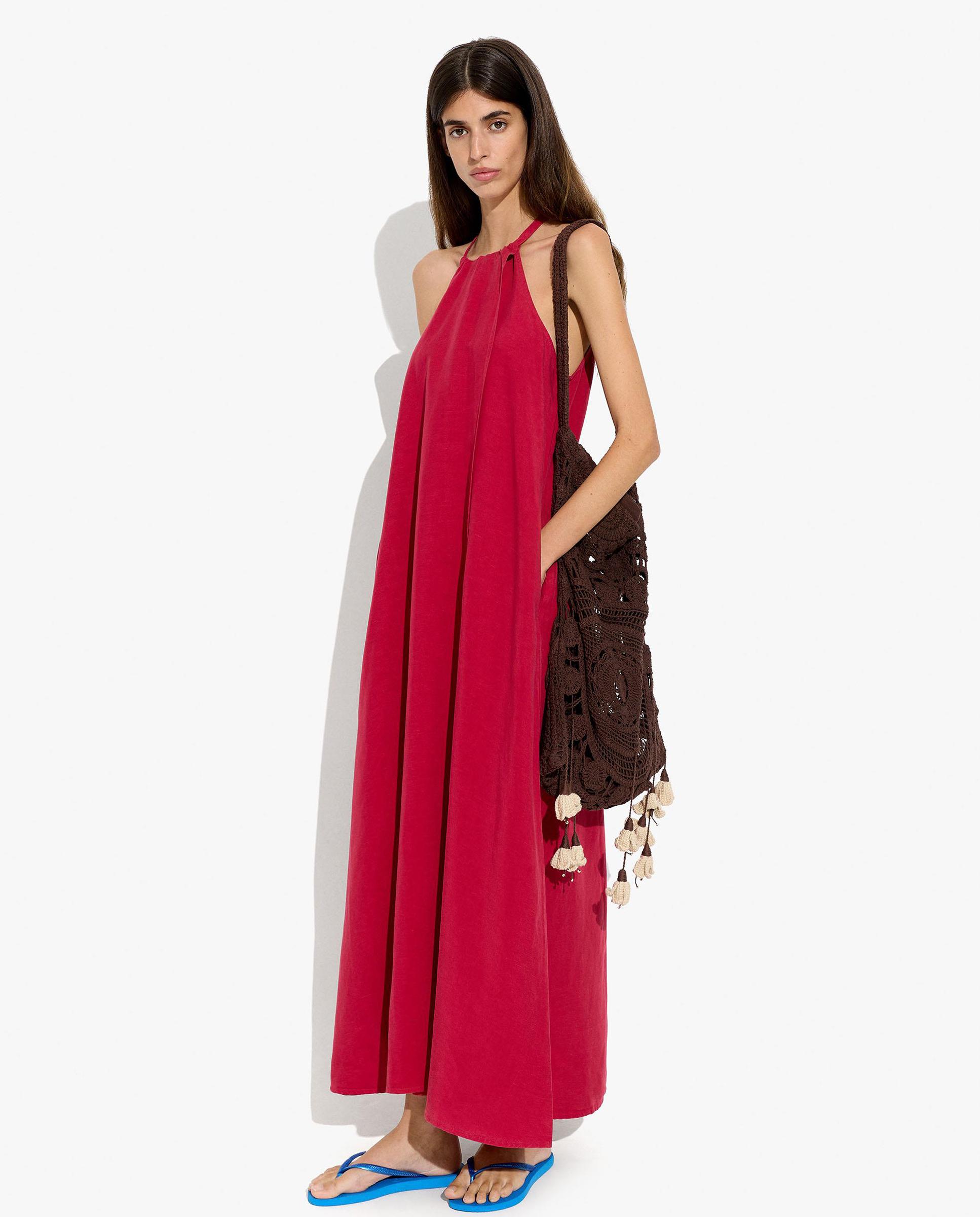 Vestido largo con cuello halter en liso - Parfois - Rojo Rojo-1
