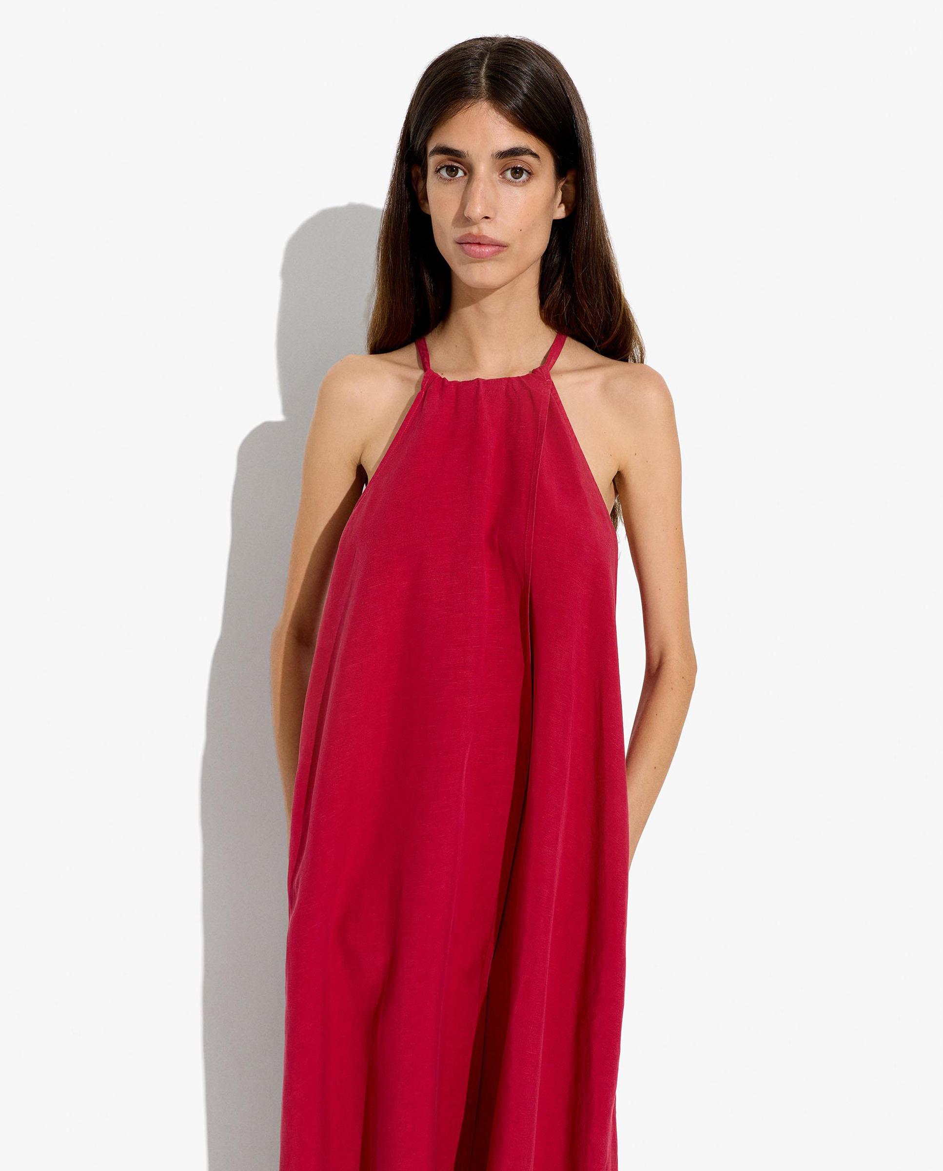 Vestido largo con cuello halter en liso - Parfois - Rojo Rojo-2