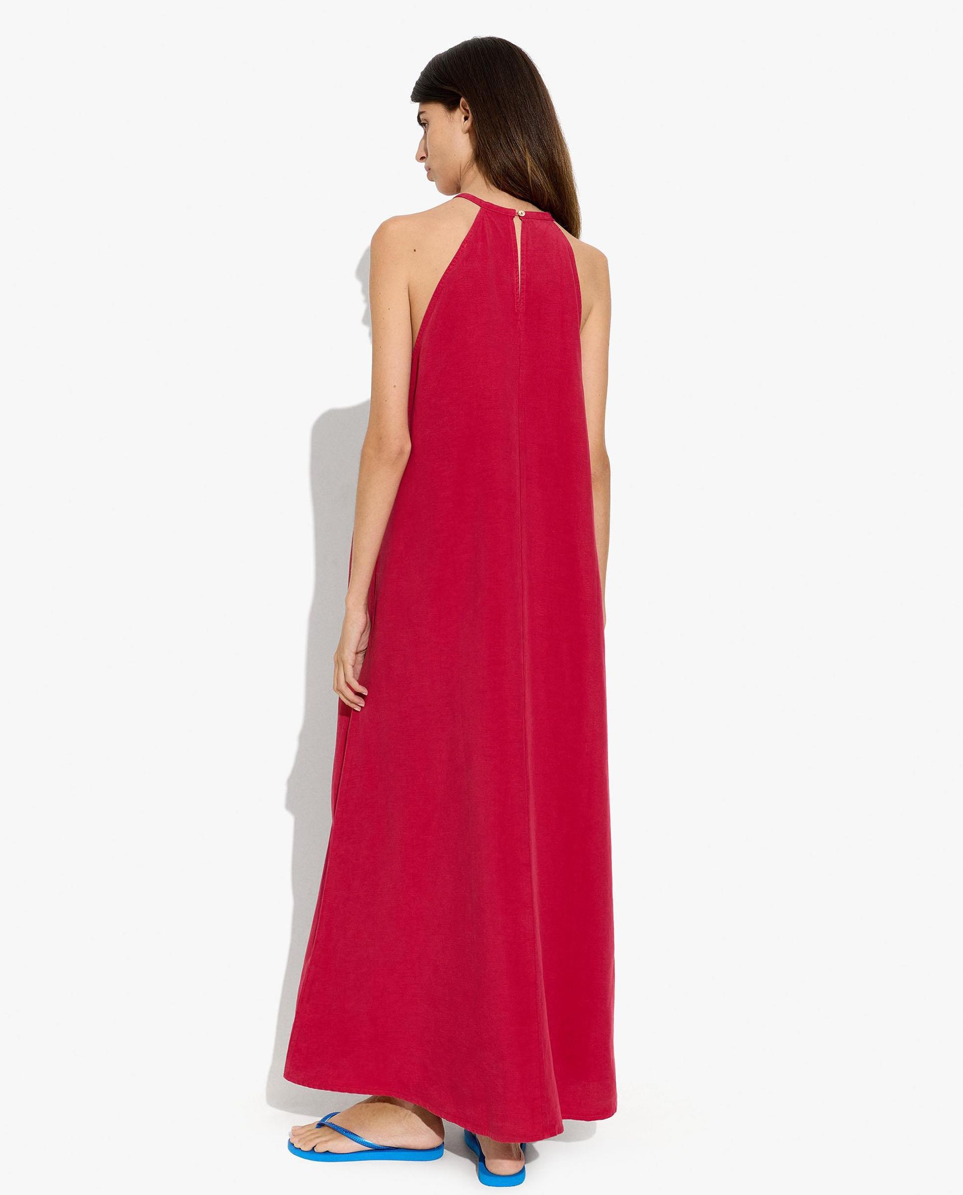 Vestido largo con cuello halter en liso - Parfois - Rojo Rojo-3