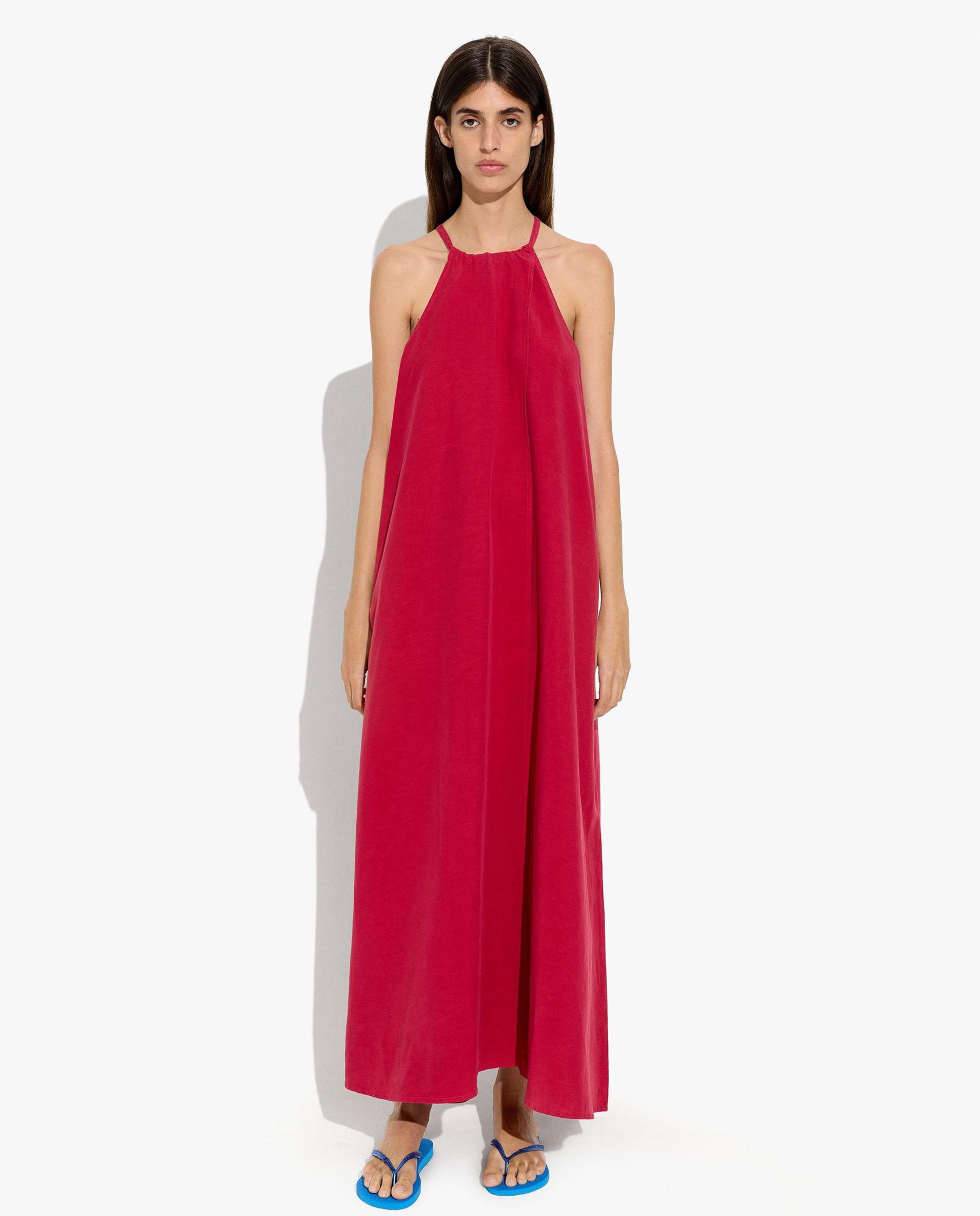 Vestido largo con cuello halter en liso - Parfois - Rojo Rojo-4