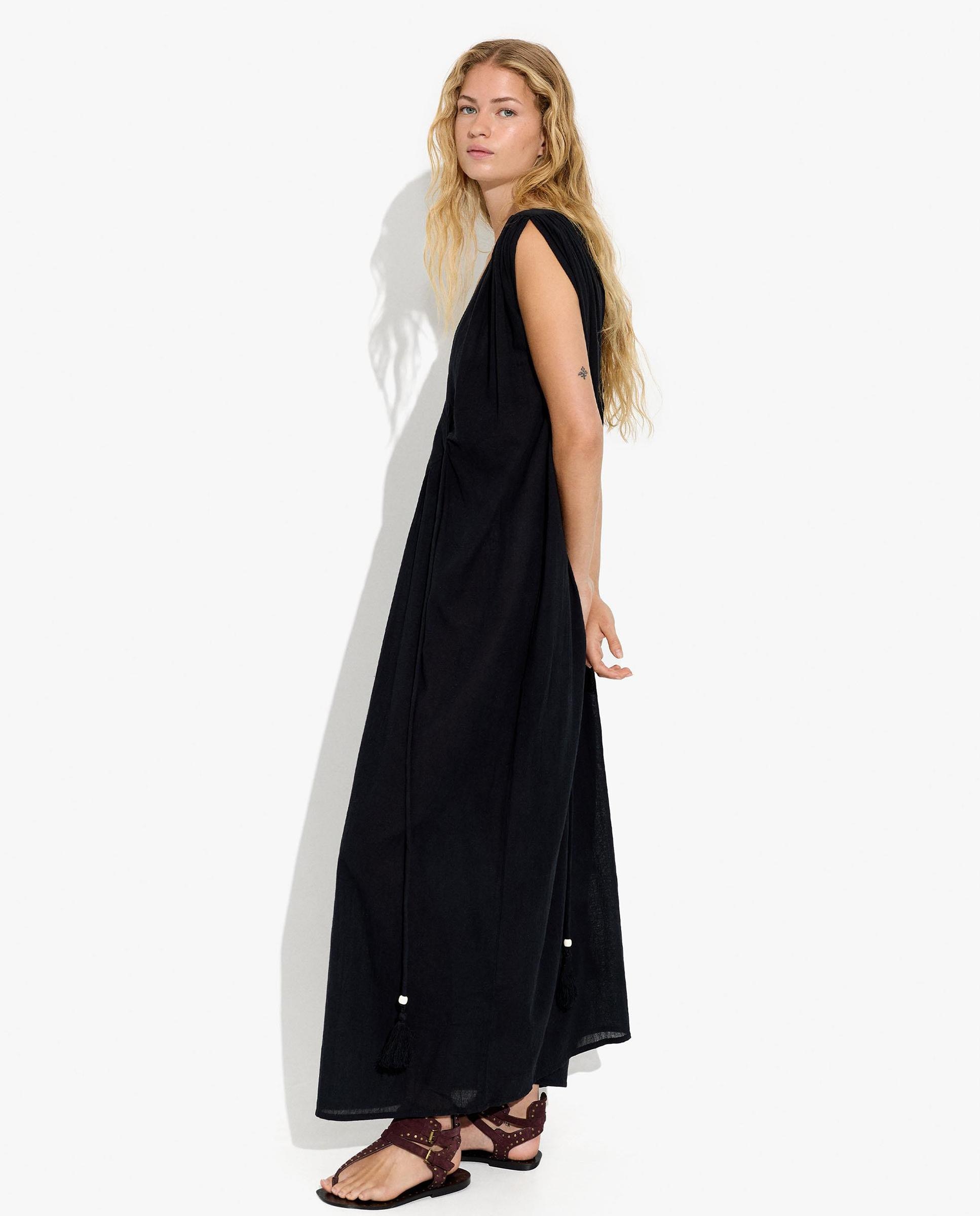 Vestido largo 100% algodón sin mangas en liso con fruncido - Parfois - Negro Negro-2