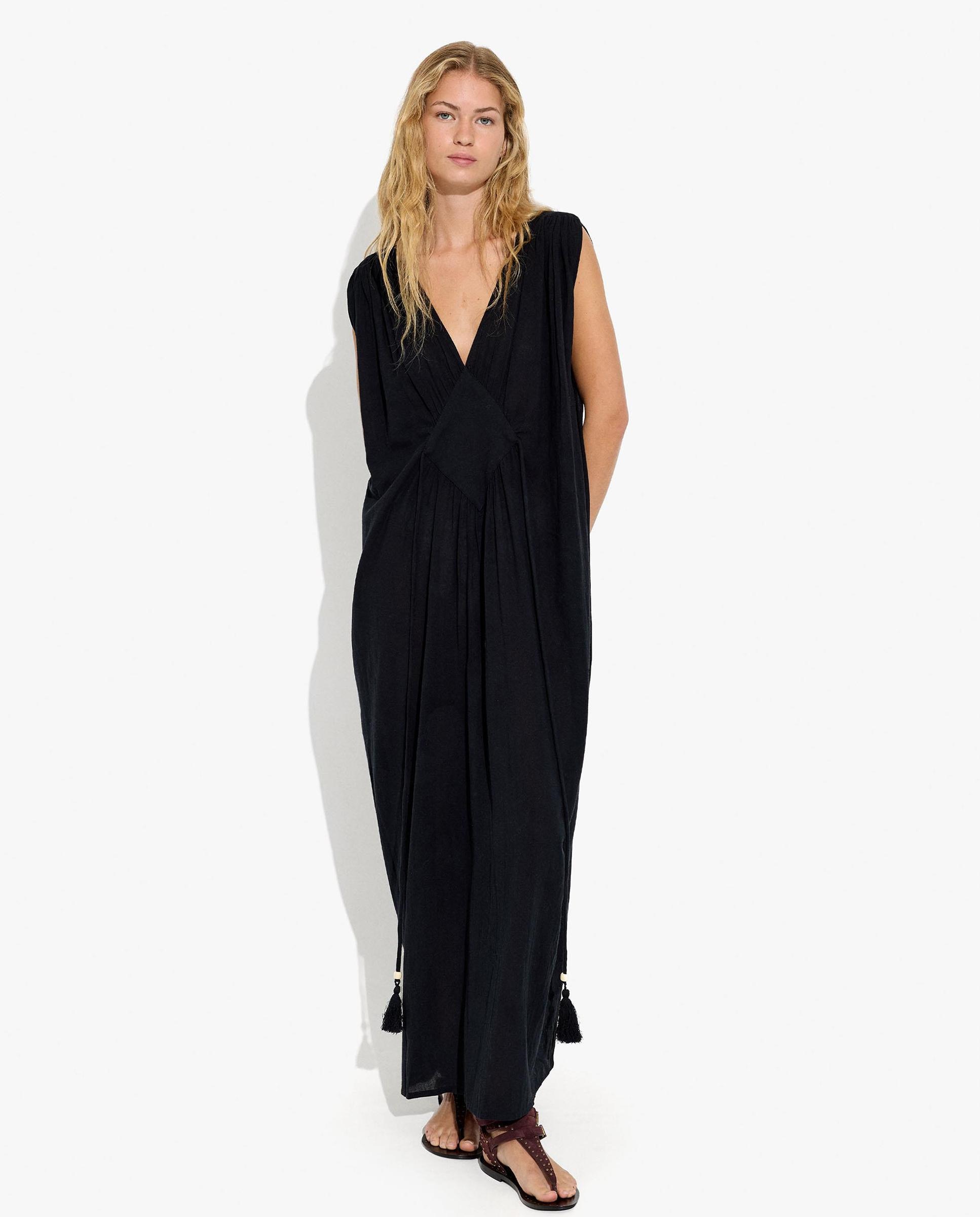 Vestido largo 100% algodón sin mangas en liso con fruncido - Parfois - Negro Negro-4