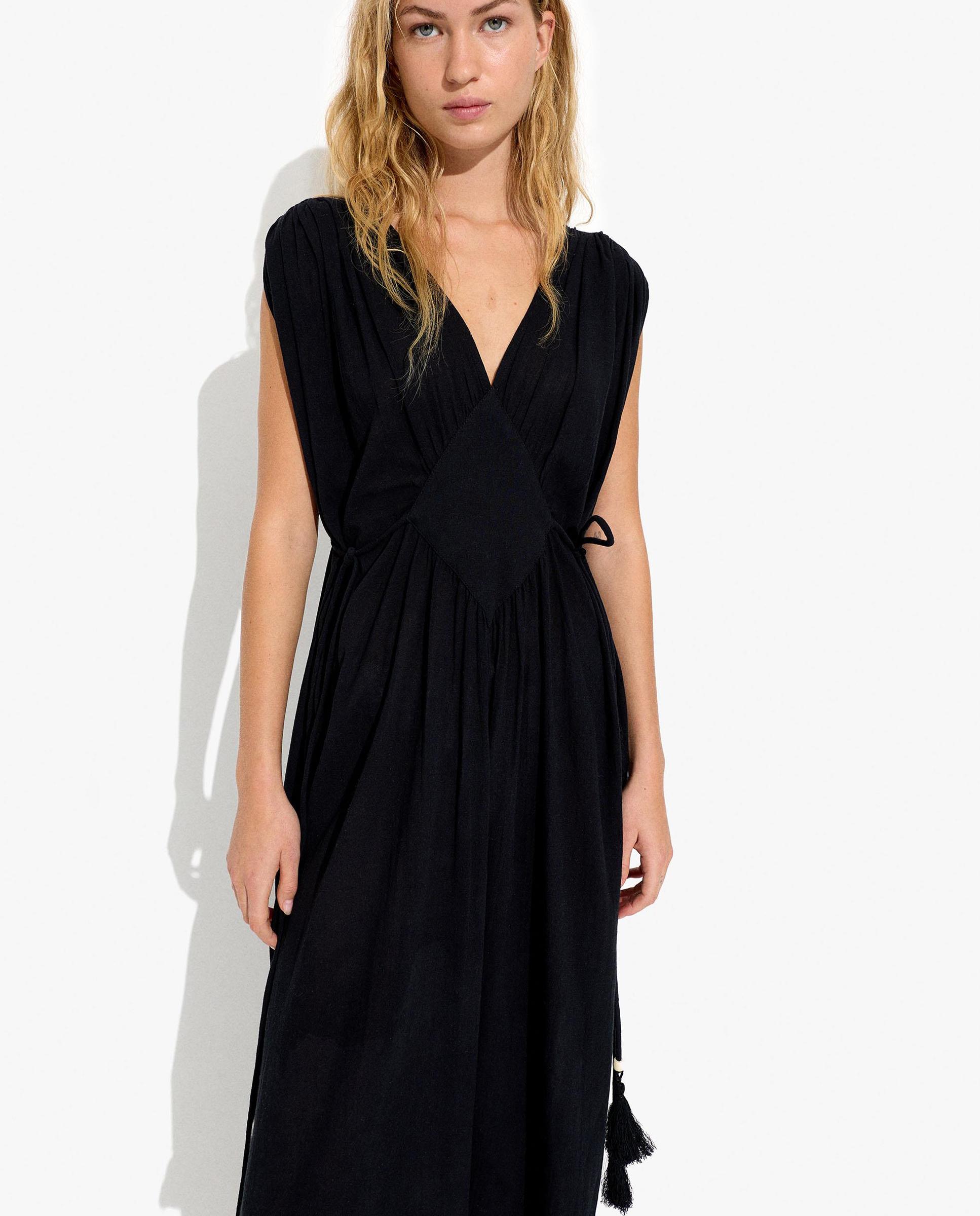 Vestido largo 100% algodón sin mangas en liso con fruncido - Parfois - Negro Negro-5