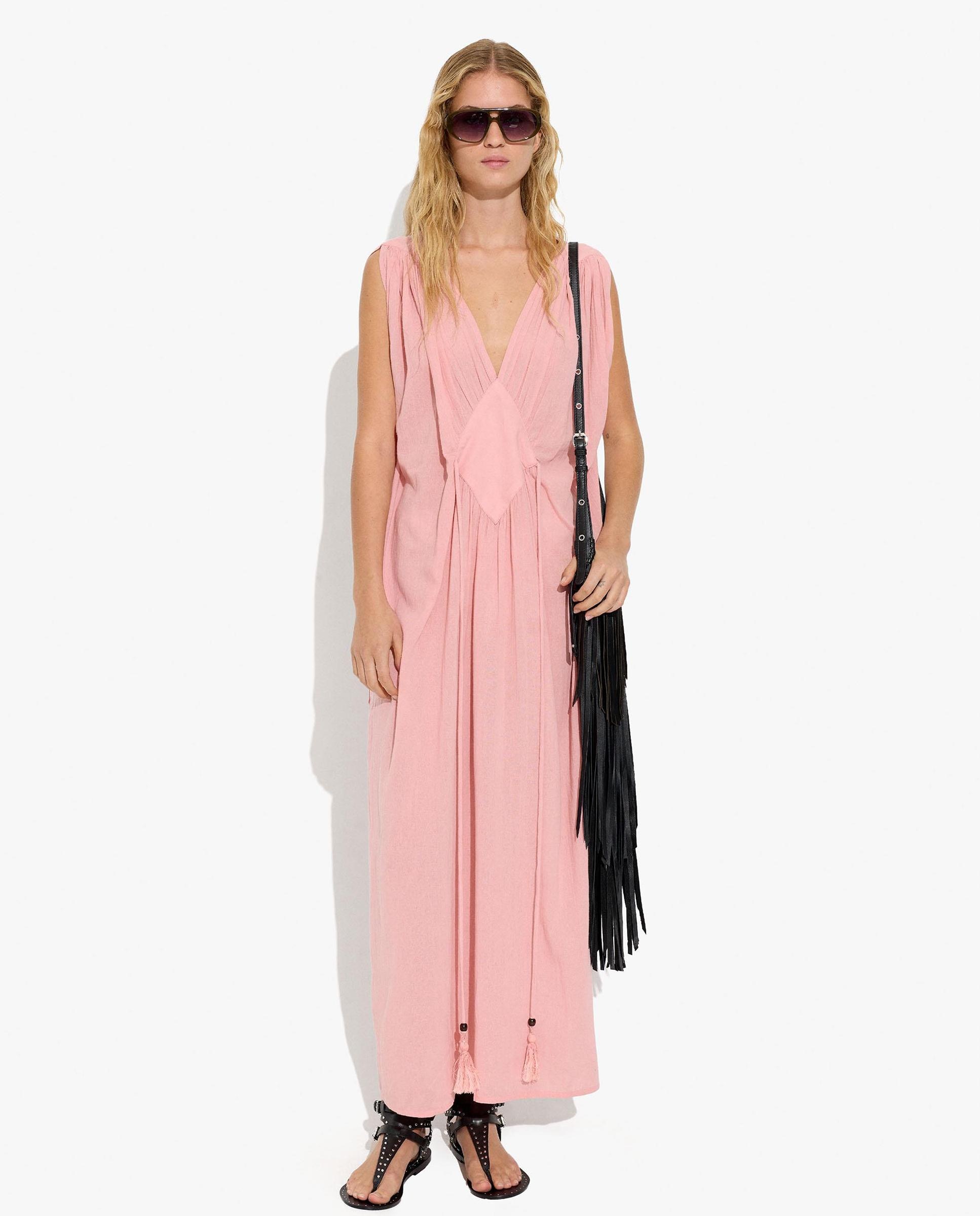 Vestido largo 100% algodón sin mangas en liso con fruncido - Parfois - Rosa Rosa-1