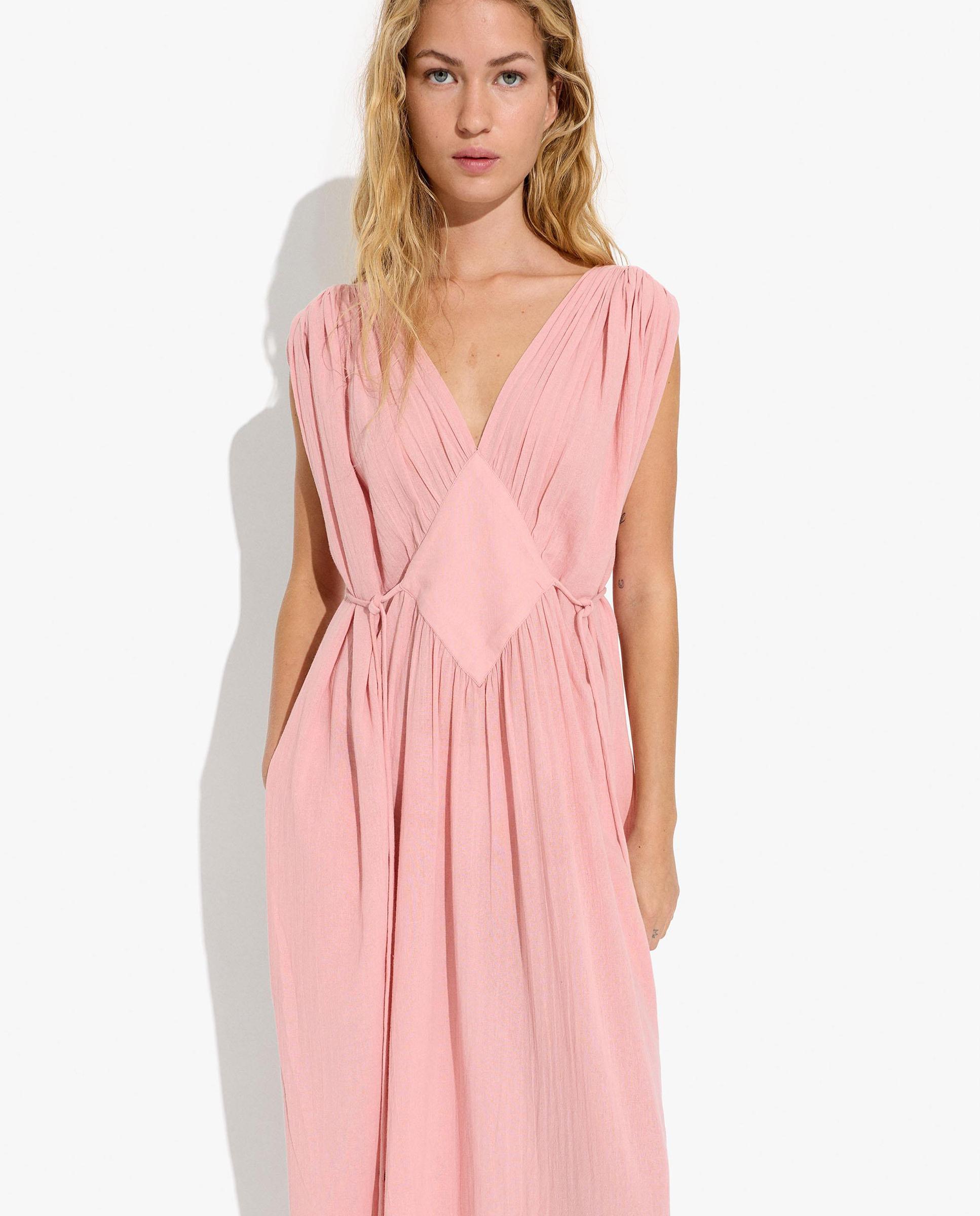 Vestido largo 100% algodón sin mangas en liso con fruncido - Parfois - Rosa Rosa-2
