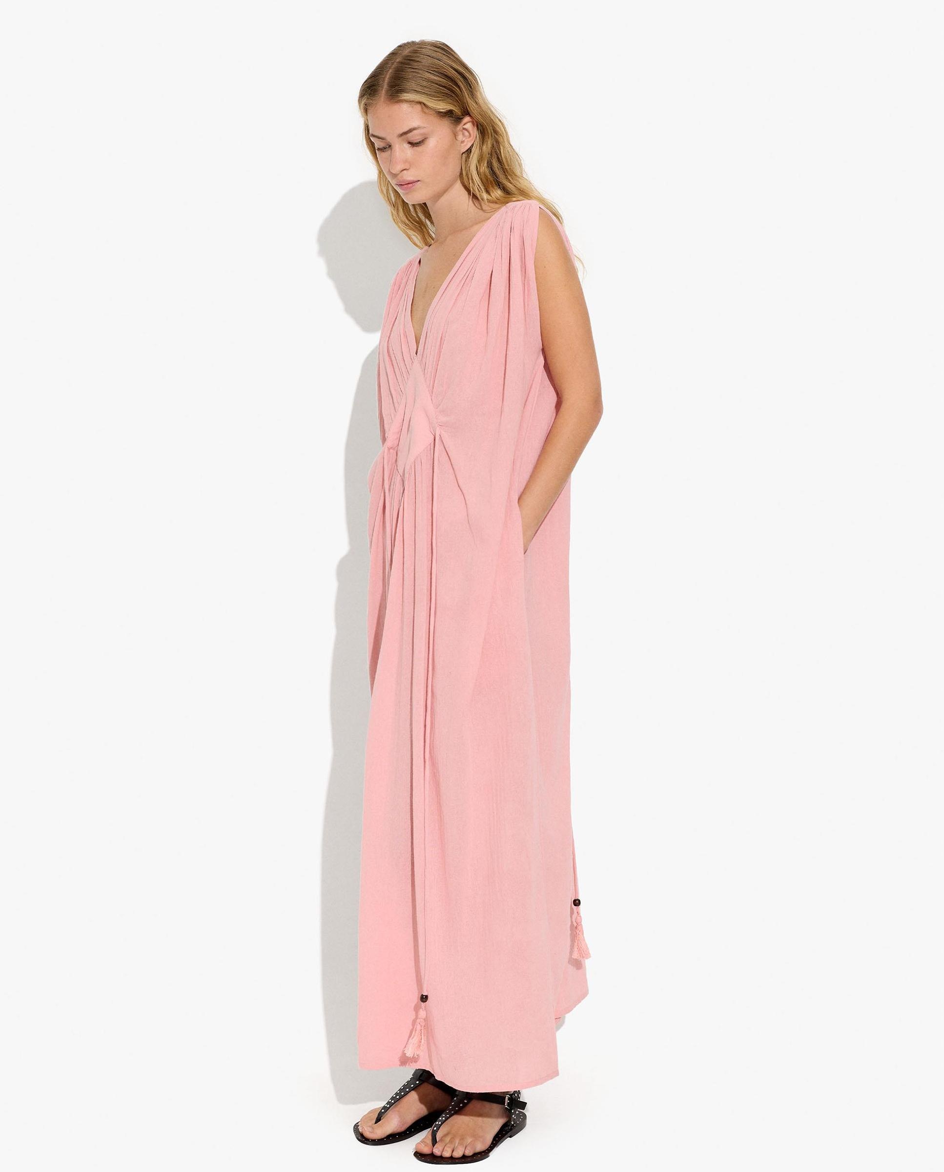 Vestido largo 100% algodón sin mangas en liso con fruncido - Parfois - Rosa Rosa-3