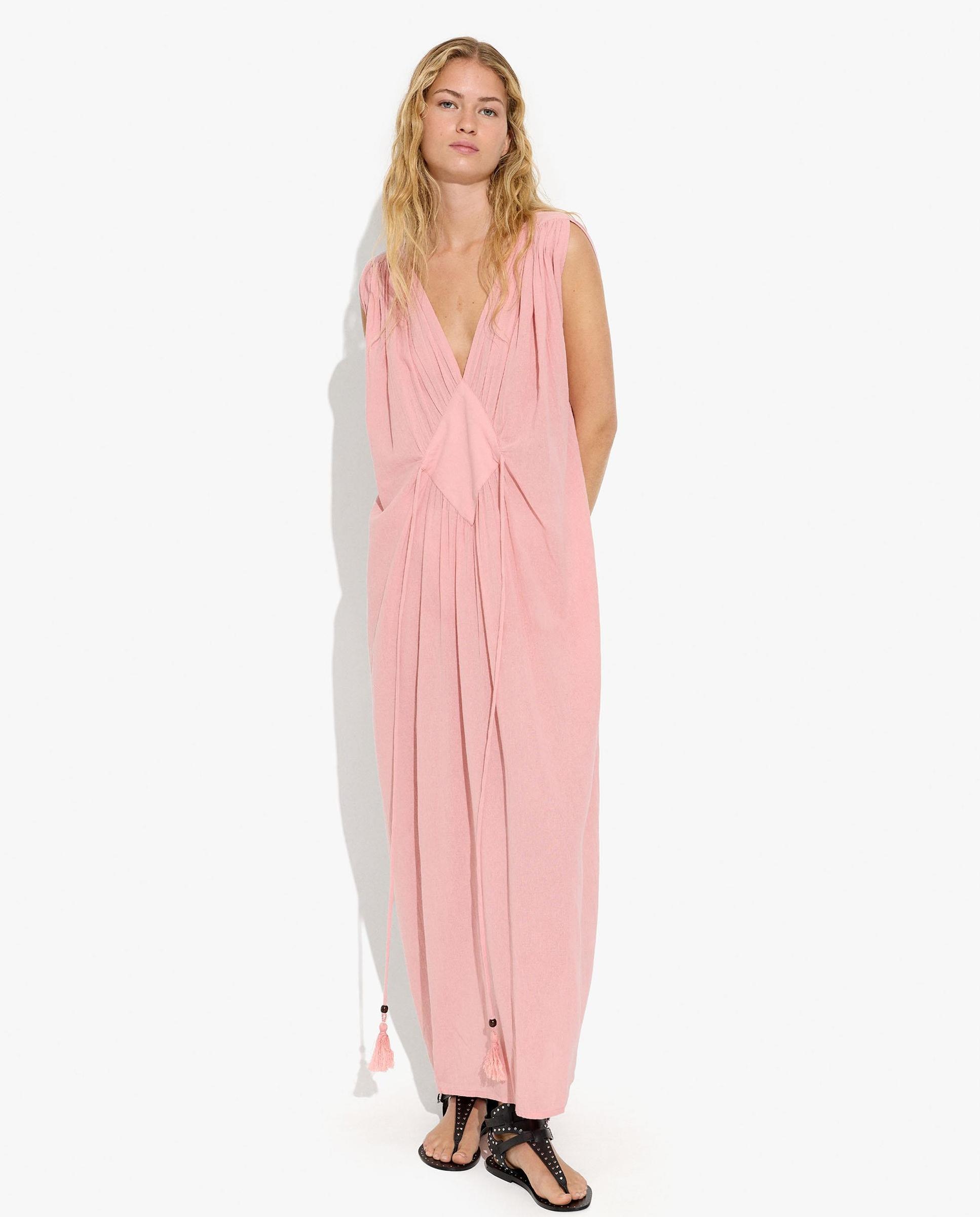 Vestido largo 100% algodón sin mangas en liso con fruncido - Parfois - Rosa Rosa-5