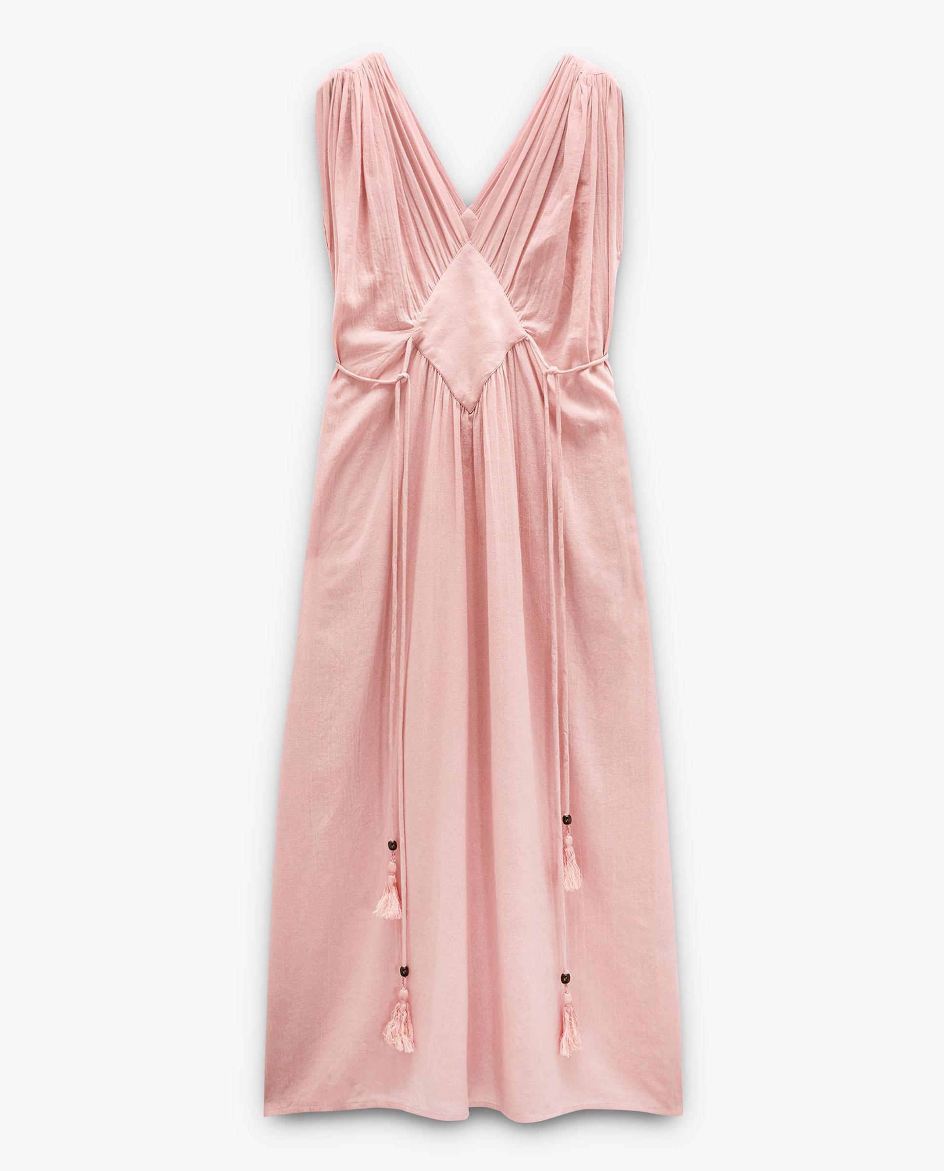 Vestido largo 100% algodón sin mangas en liso con fruncido - Parfois - Rosa Rosa-7