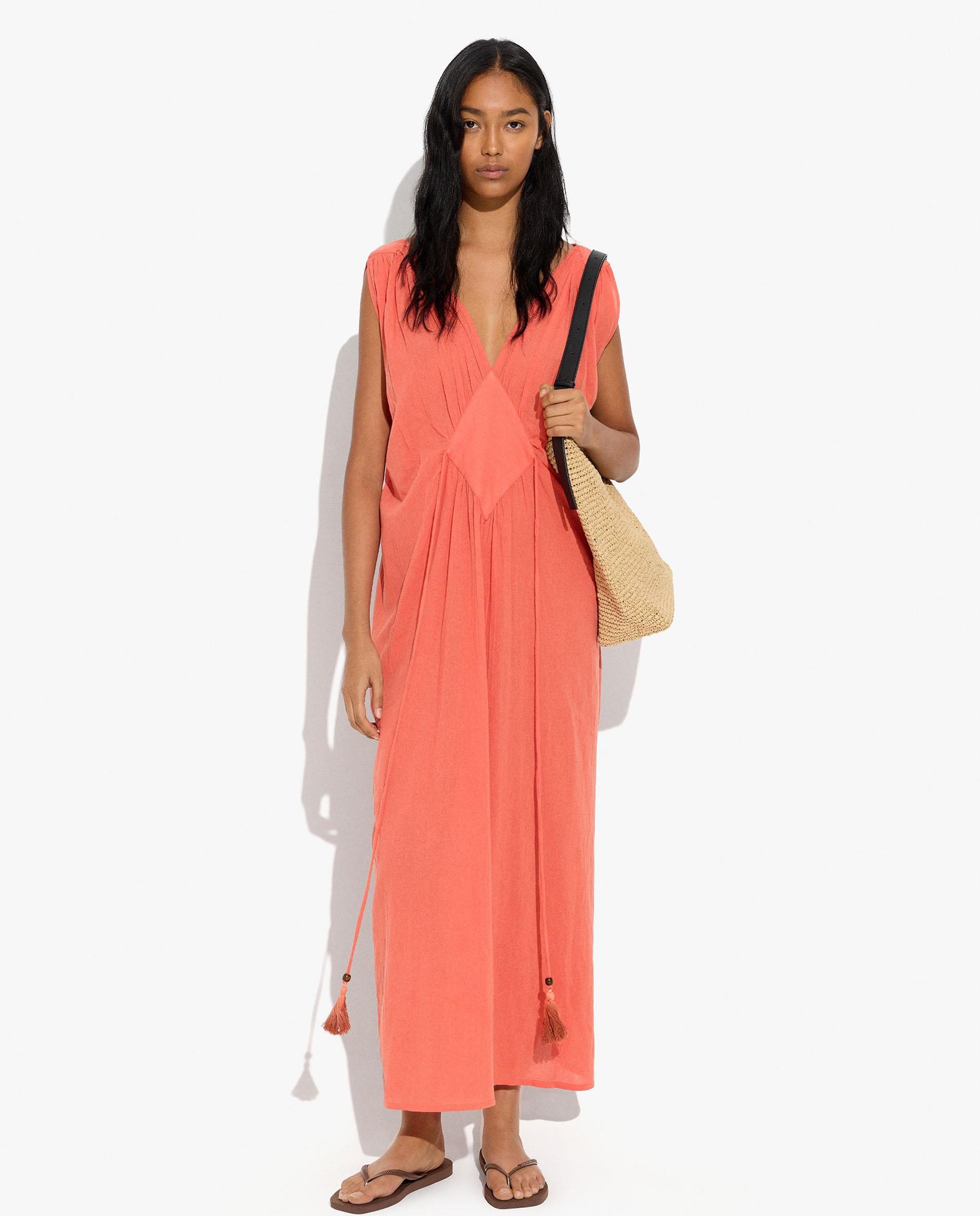 Vestido largo 100% algodón con fruncido y pliegues en hombro - Parfois - Naranja Naranja-1