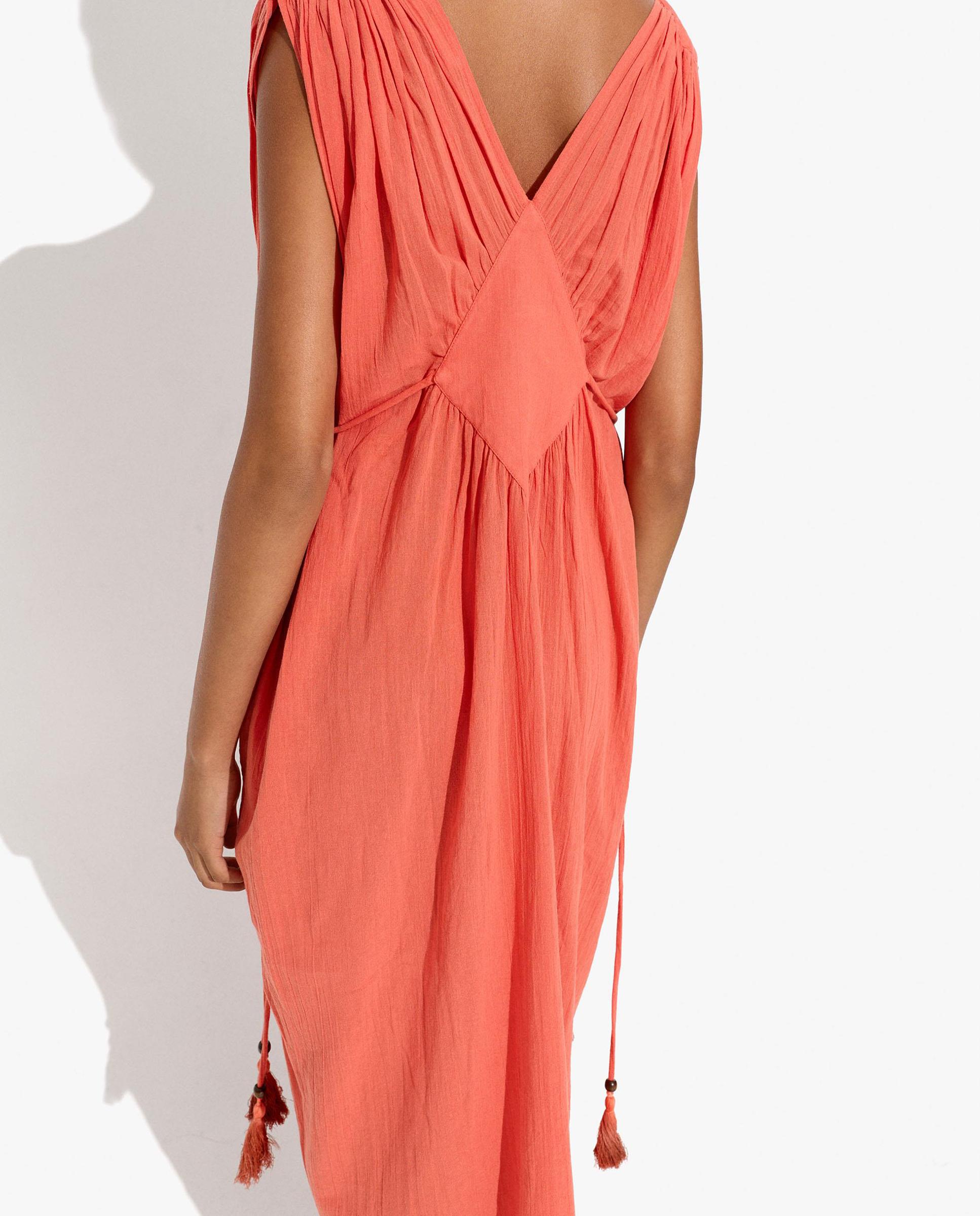 Vestido largo 100% algodón con fruncido y pliegues en hombro - Parfois - Naranja Naranja-2