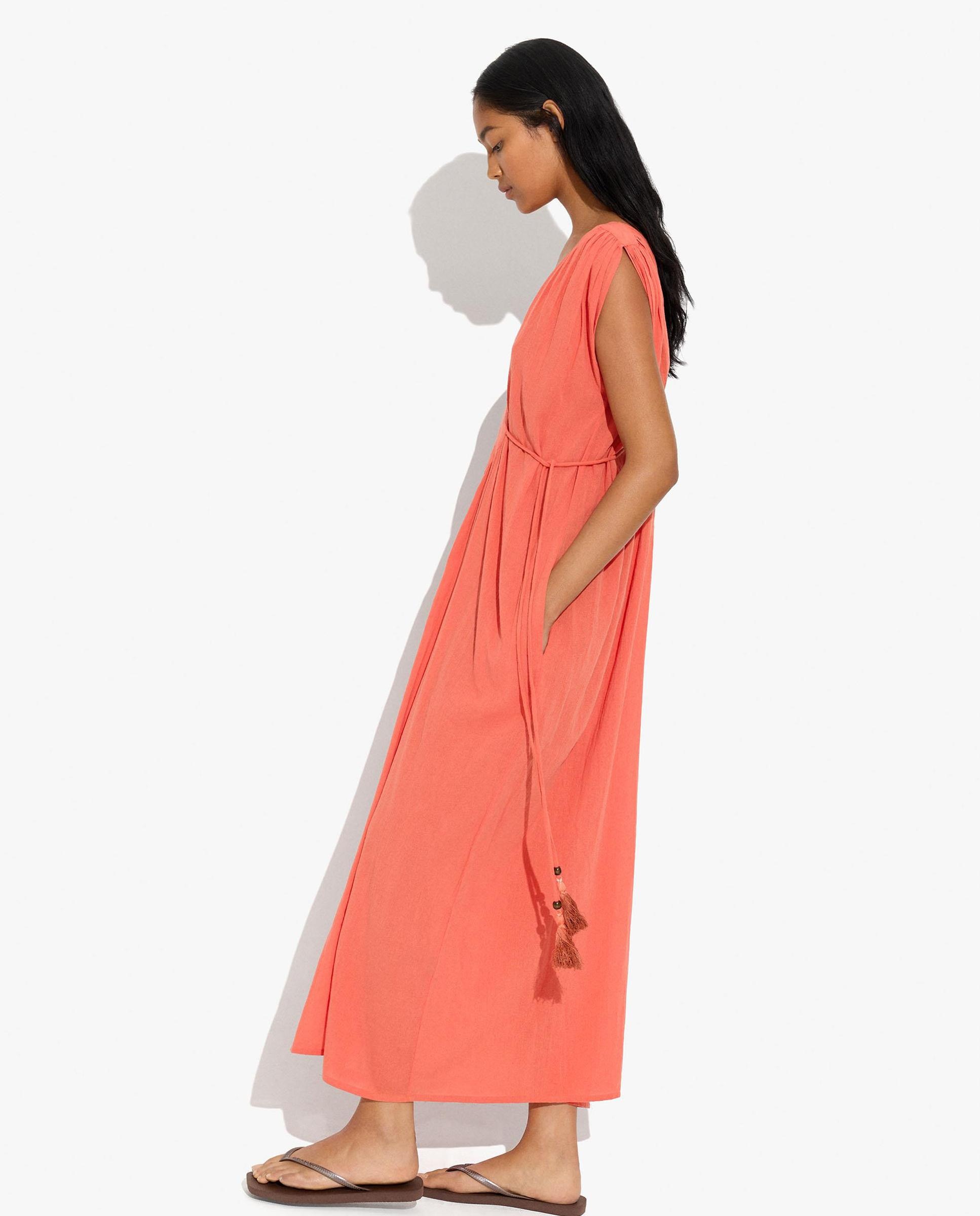 Vestido largo 100% algodón con fruncido y pliegues en hombro - Parfois - Naranja Naranja-3