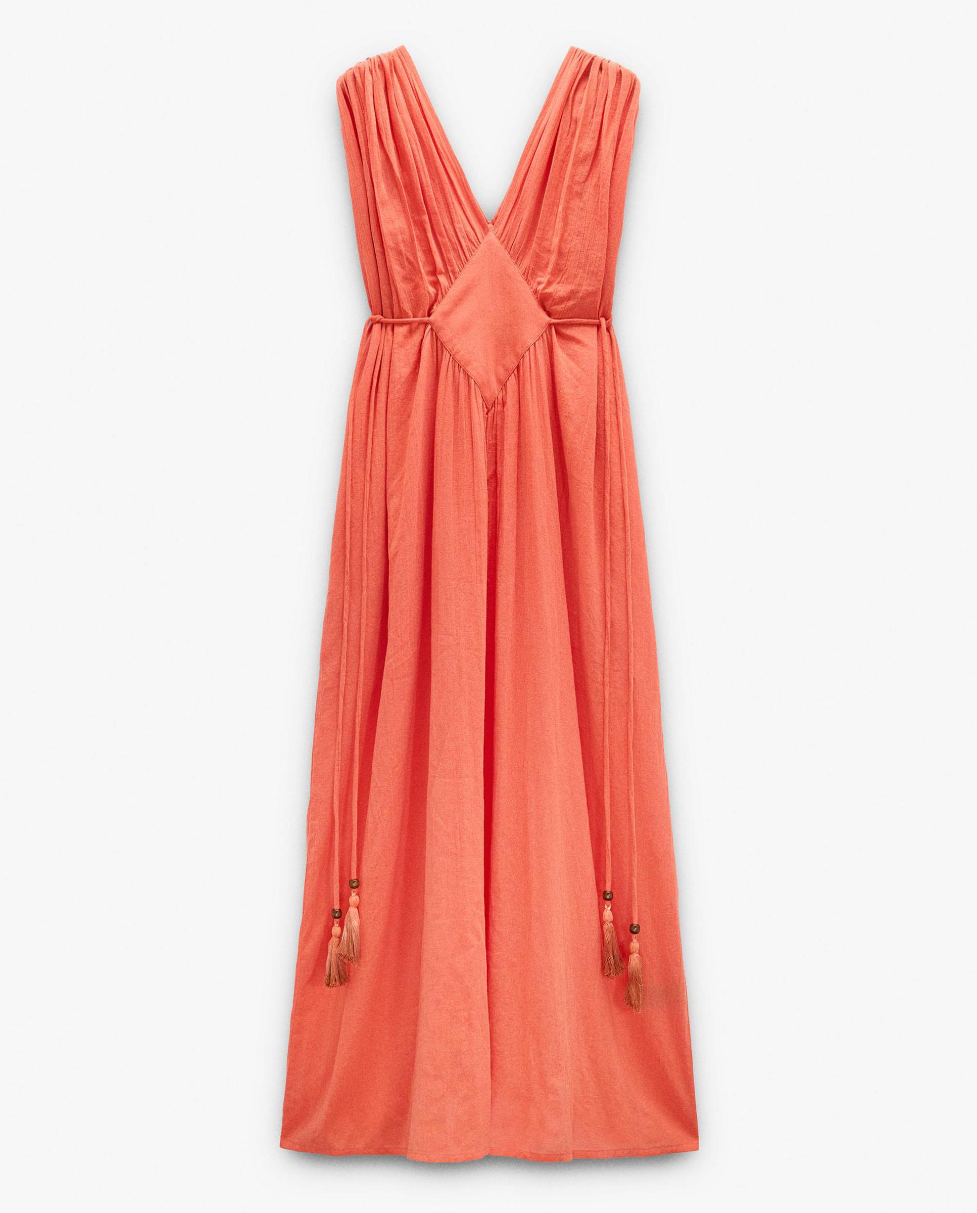 Vestido largo 100% algodón con fruncido y pliegues en hombro - Parfois - Naranja Naranja-6