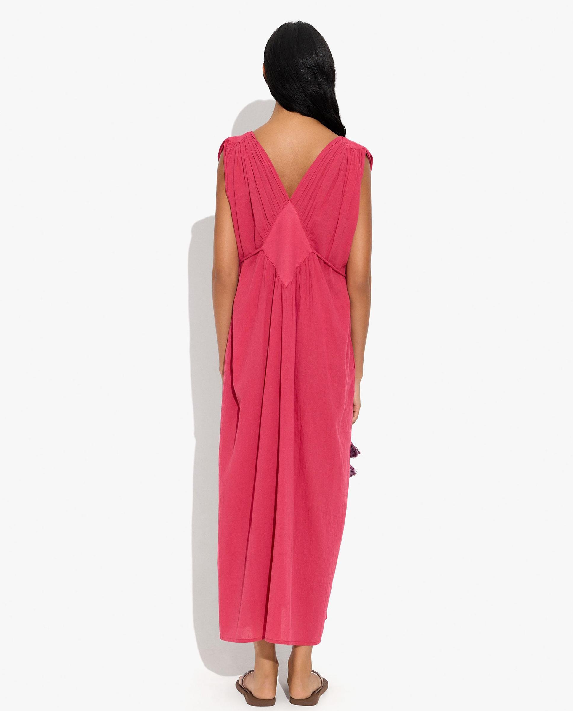 Vestido largo 100% algodón con fruncido y pliegues en hombro - Parfois - Rosa Rosa-3