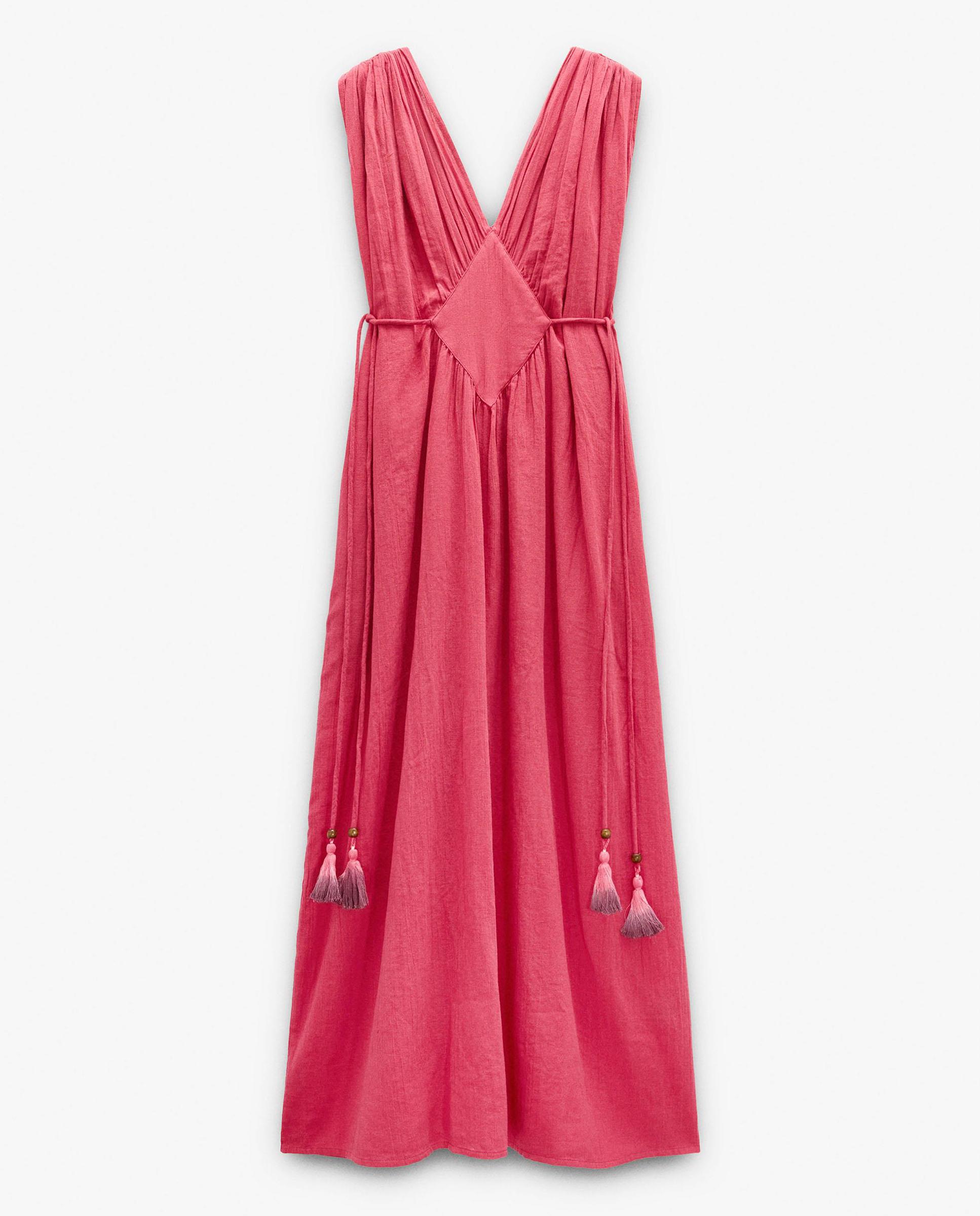 Vestido largo 100% algodón con fruncido y pliegues en hombro - Parfois - Rosa Rosa-6