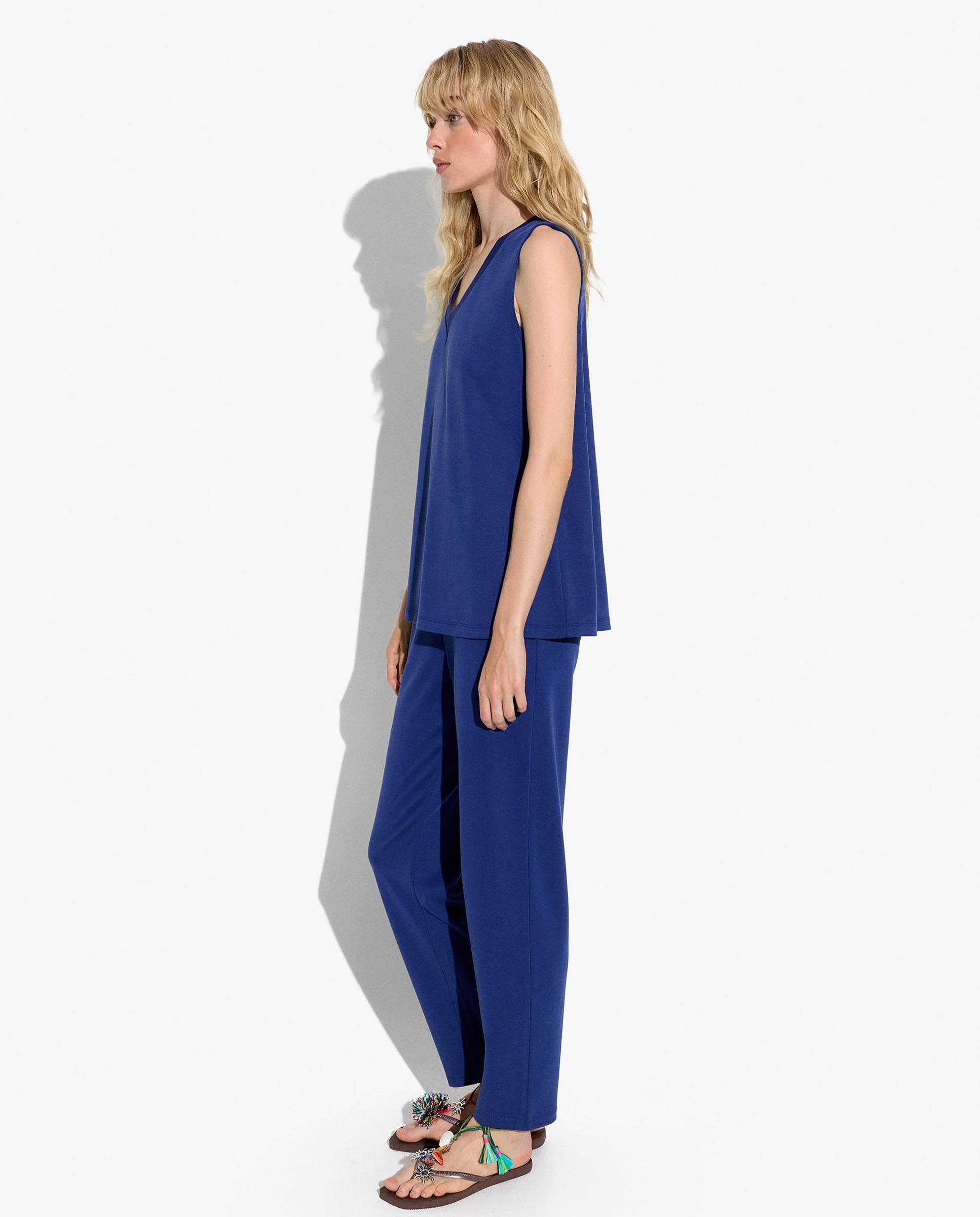 Pantalones rectos de mujer de punto con cintura elástica en liso - Parfois - Azul marino Azul marino-3