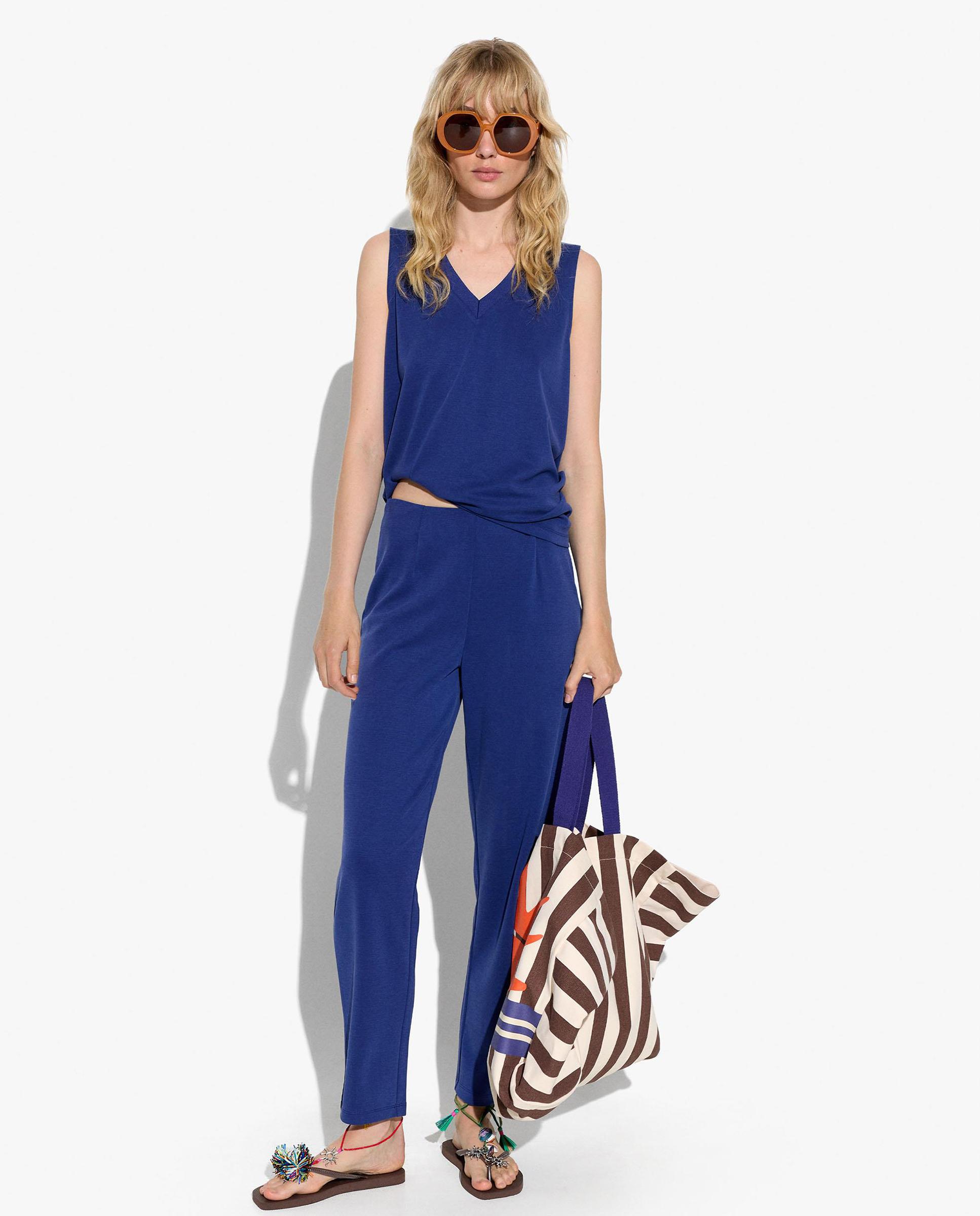 Pantalones rectos de mujer de punto con cintura elástica en liso - Parfois - Azul marino Azul marino-5