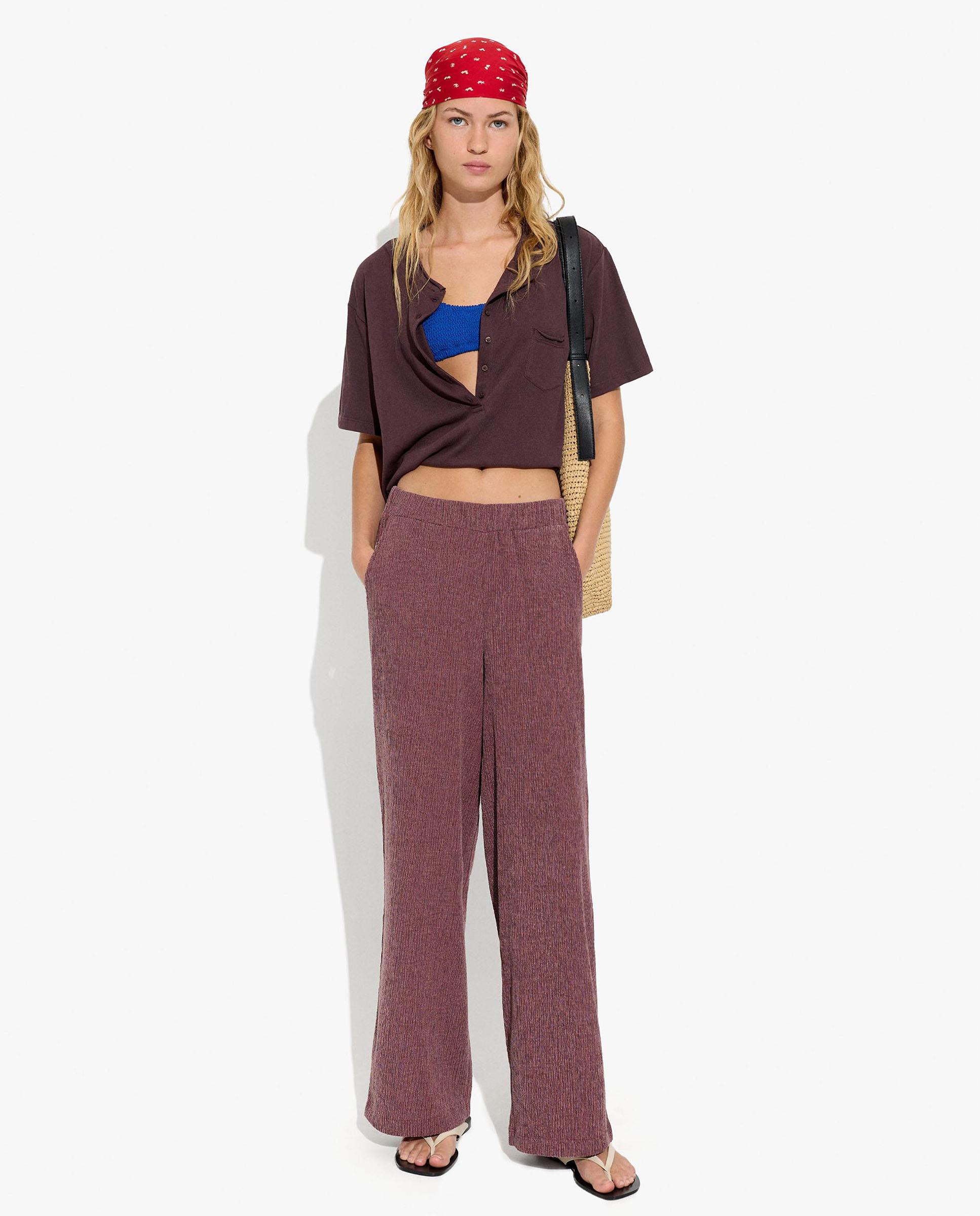 Imagen 0 de Pantalones rectos de mujer con cintura elástica en liso Burdeos