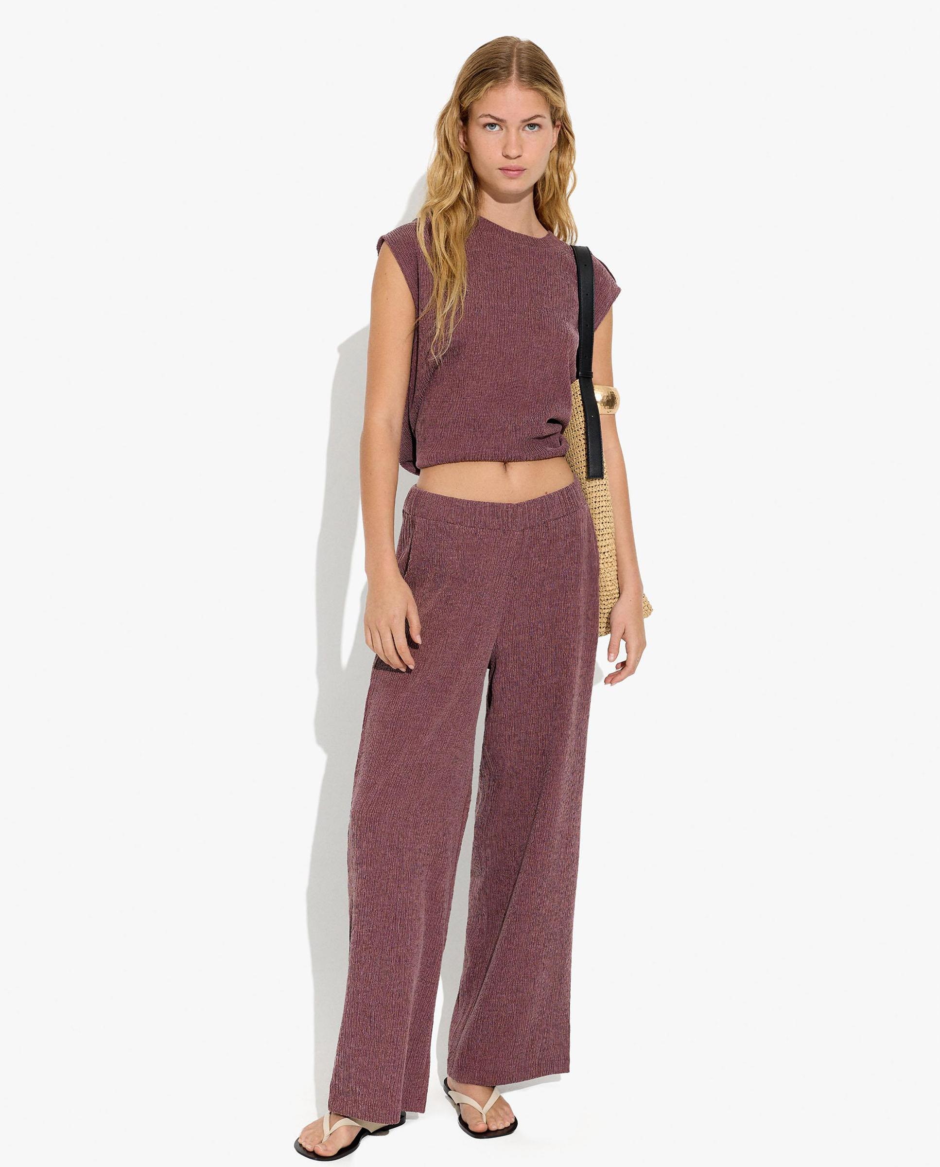 Pantalones rectos de mujer con cintura elástica en liso - Parfois - Burdeos Burdeos-3