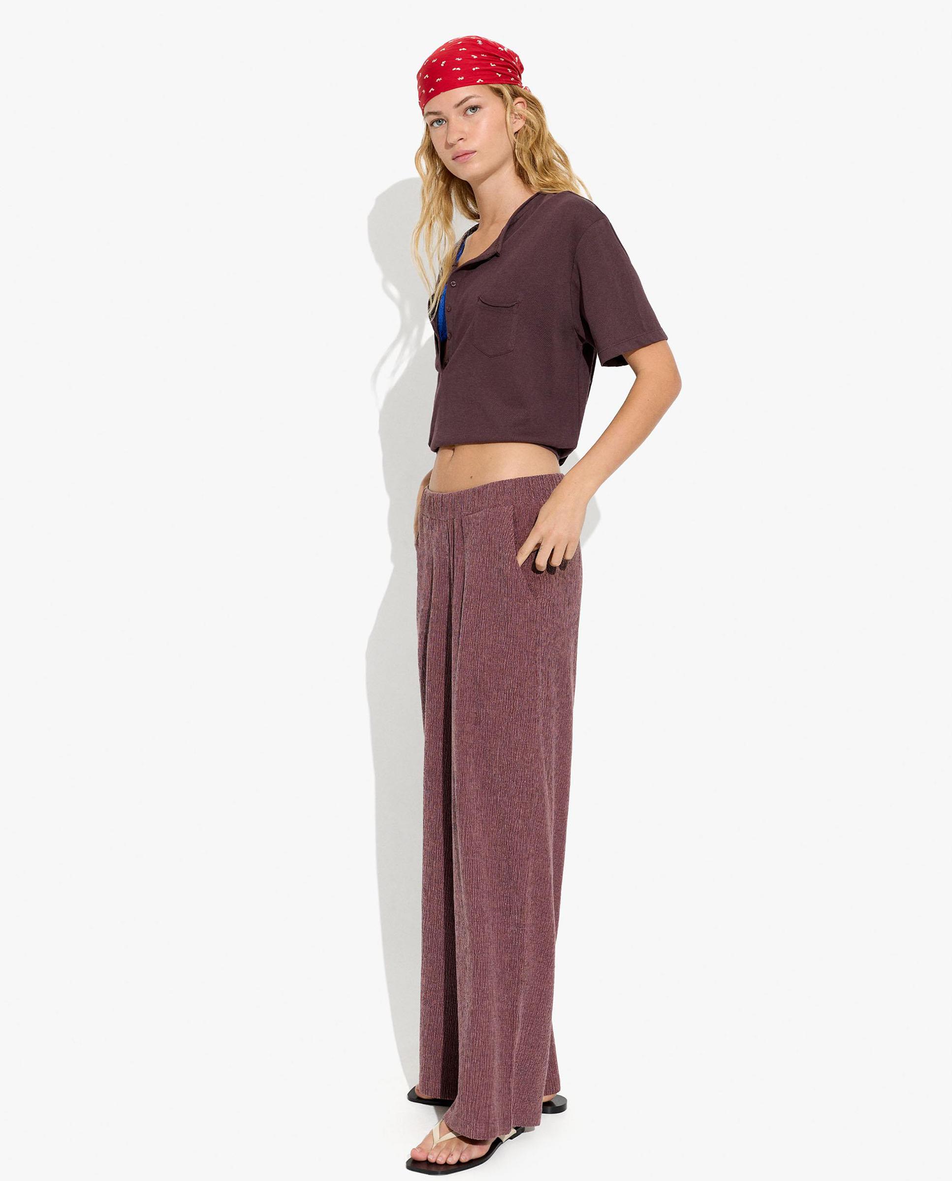 Pantalones rectos de mujer con cintura elástica en liso - Parfois - Burdeos Burdeos-4