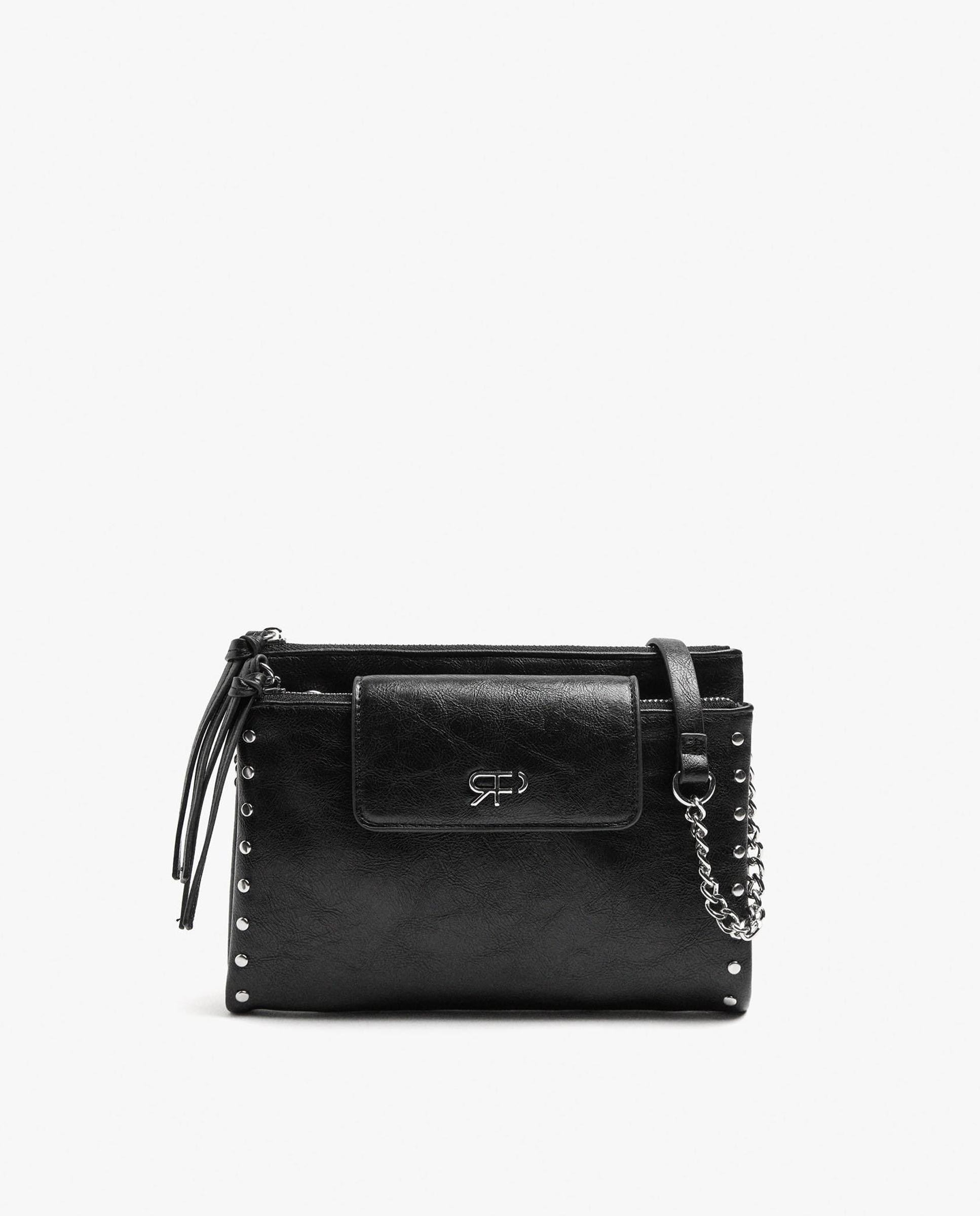 Bandolera de mujer con varios compartimentos y cierre de cremallera y tachuelas en liso - Parfois - Negro Negro-1