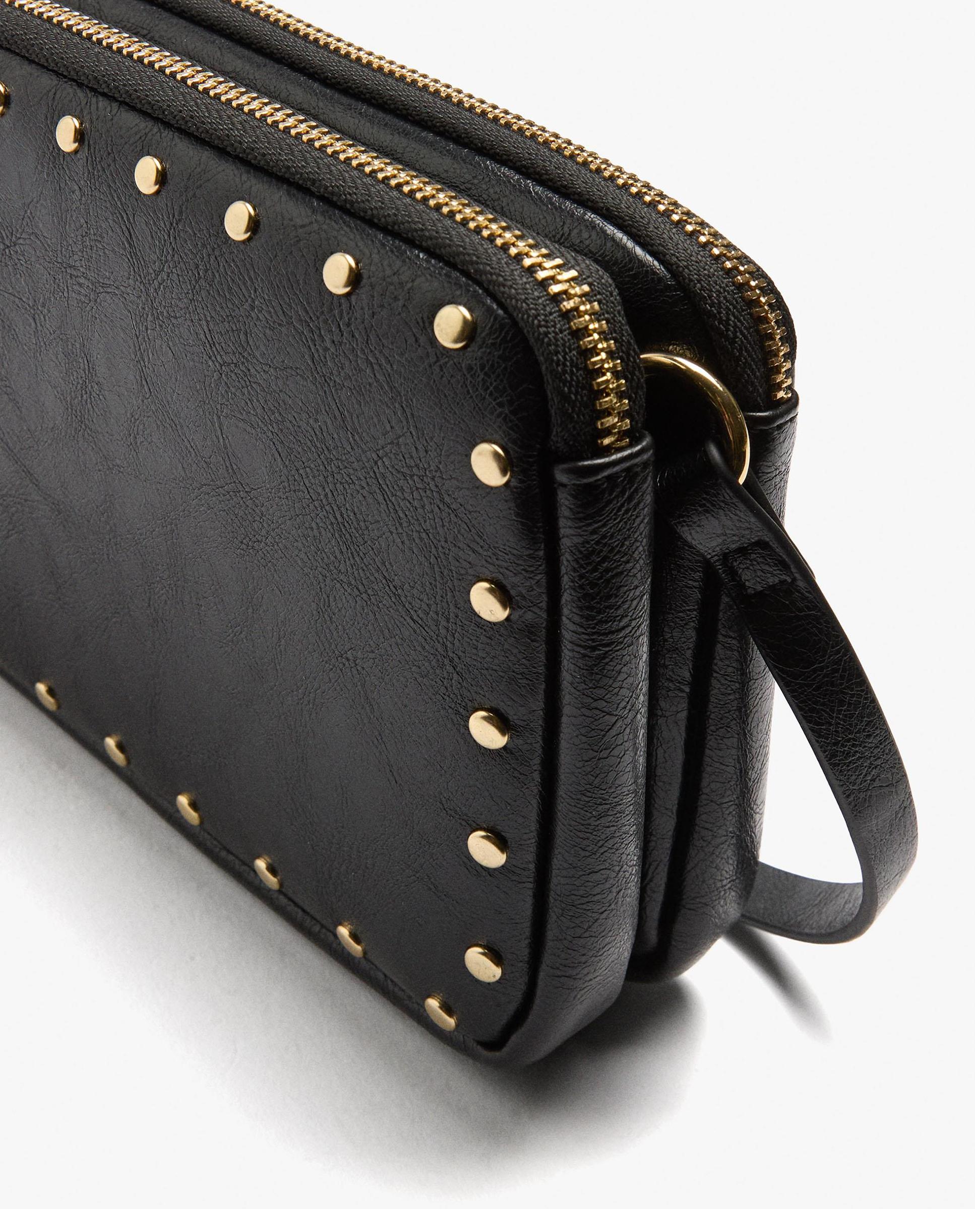 Bandolera de mujer con varios compartimentos y cierre de cremallera con tachuelas en liso - Parfois - Negro Negro-3