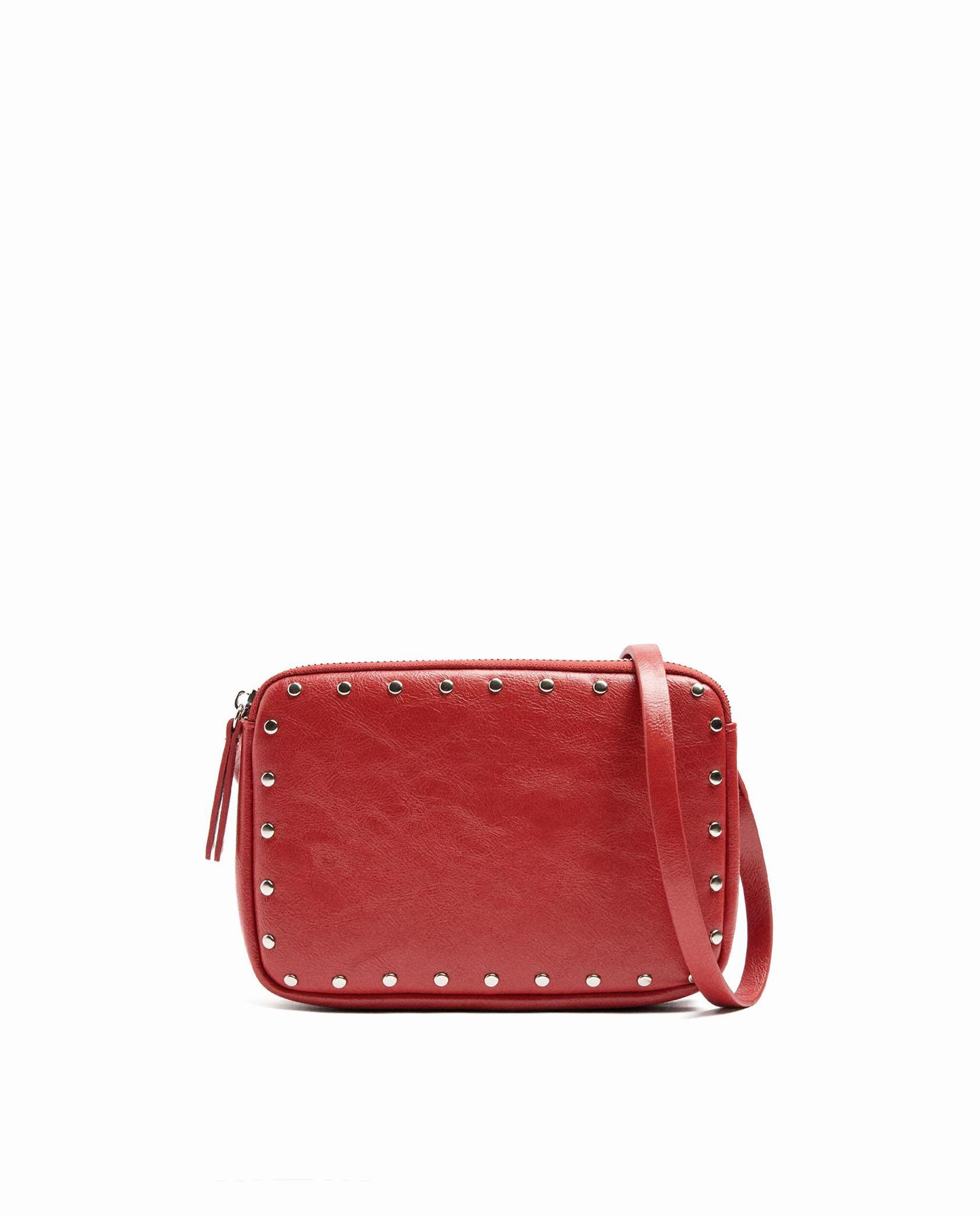 Bandolera de mujer con varios compartimentos y cierre de cremallera con tachuelas en liso - Parfois - Rojo Rojo-1