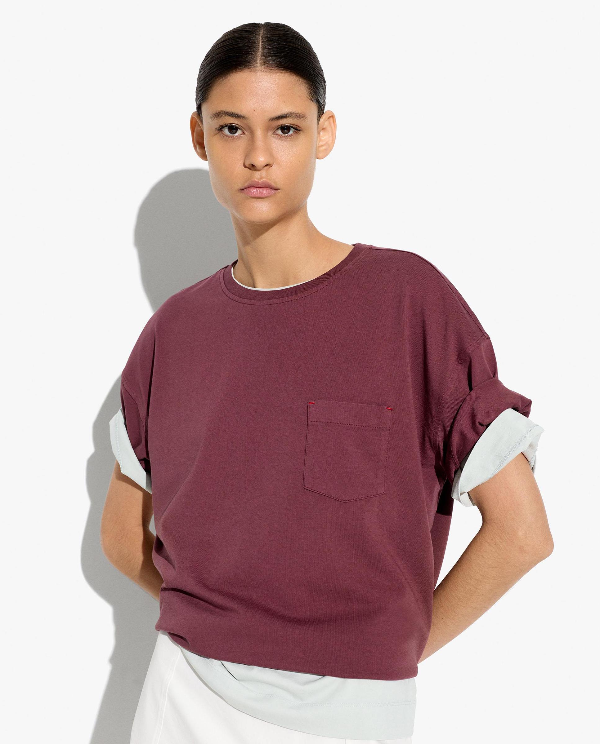 Camiseta de mujer 100% algodón de manga corta con bolsillo lateral - Parfois - Burdeos Burdeos-1