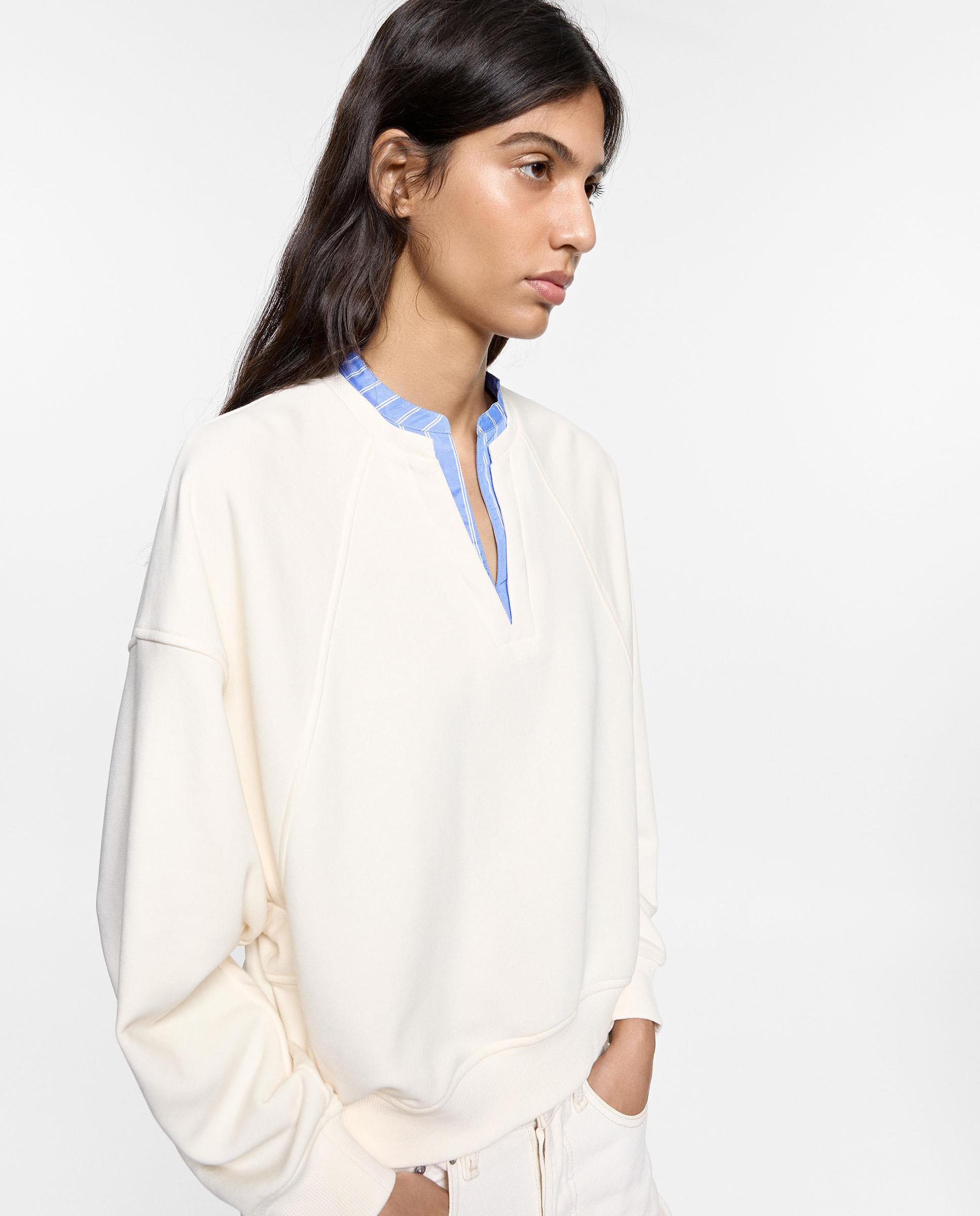 Sudadera de mujer con cuello pico en liso - Parfois - Crudo Crudo-4
