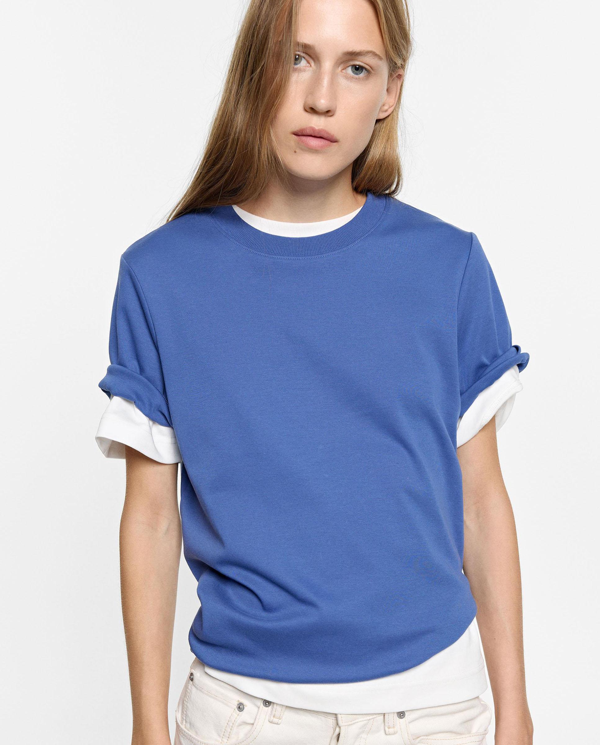 Camiseta de mujer 100% algodón de manga larga en liso - Parfois - Azul Azul-1
