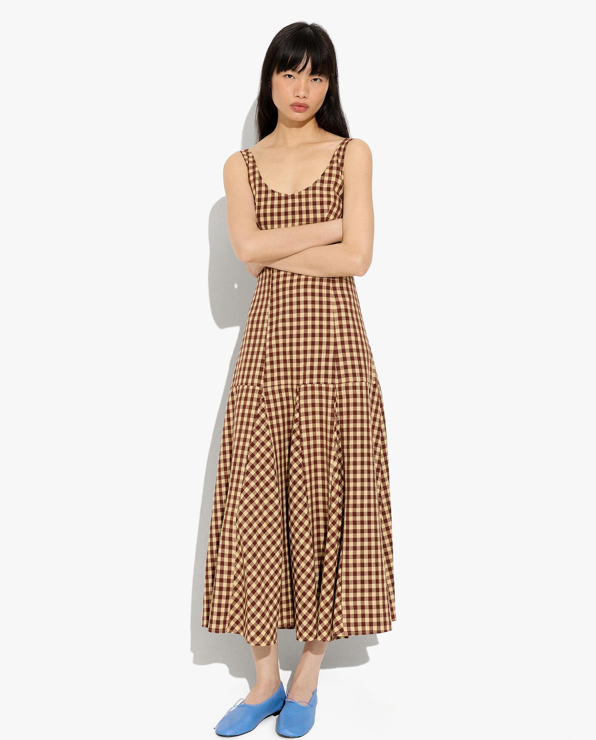 Vestido largo de tirantes con estampado vichy - Parfois - Marrón Marrón-1