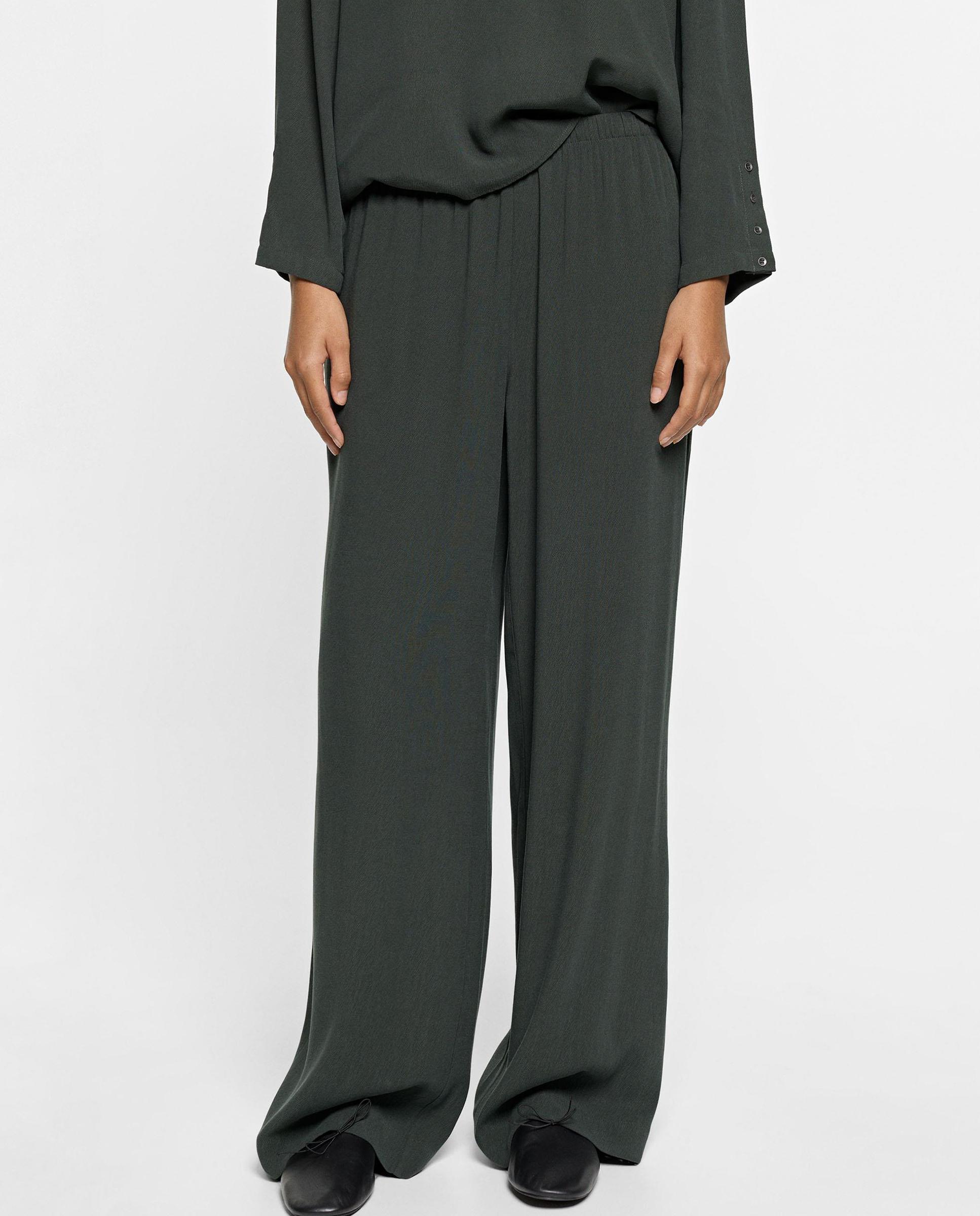 Pantalones anchos de mujer con cintura elástica en liso - Parfois - Verde Verde-2