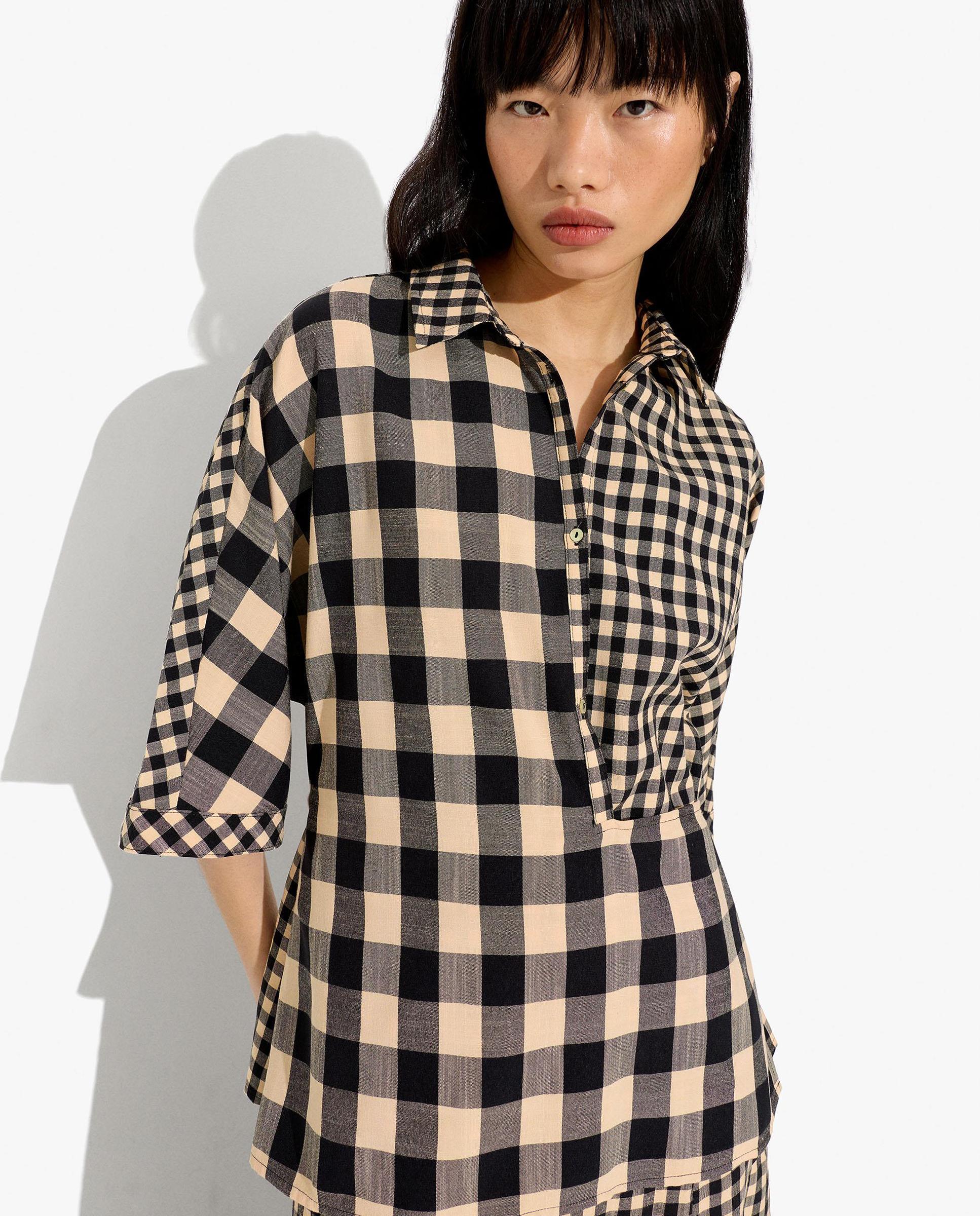 Camisa de mujer de manga corta con estampado vichy - Parfois - Negro Negro-1