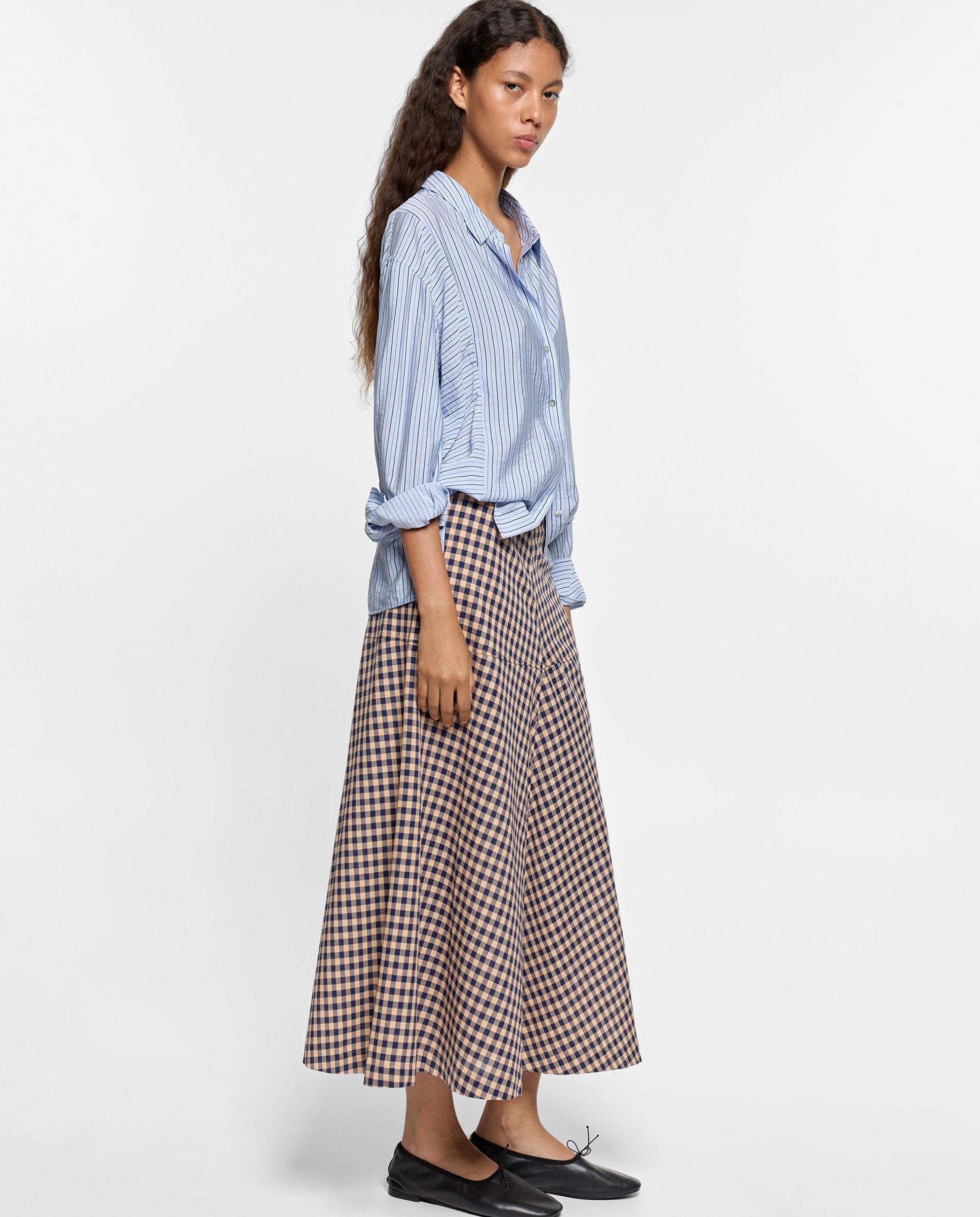 Falda midi 100% algodón con estampado de cuadros - Parfois - Multicolor Multicolor-3