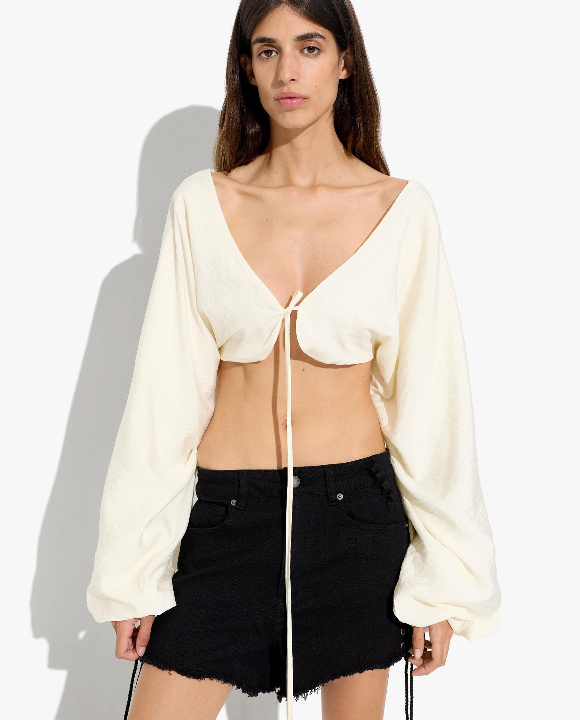Blusa de mujer estilo cropped con mangas abullonadas - Parfois - Blanco Blanco-1