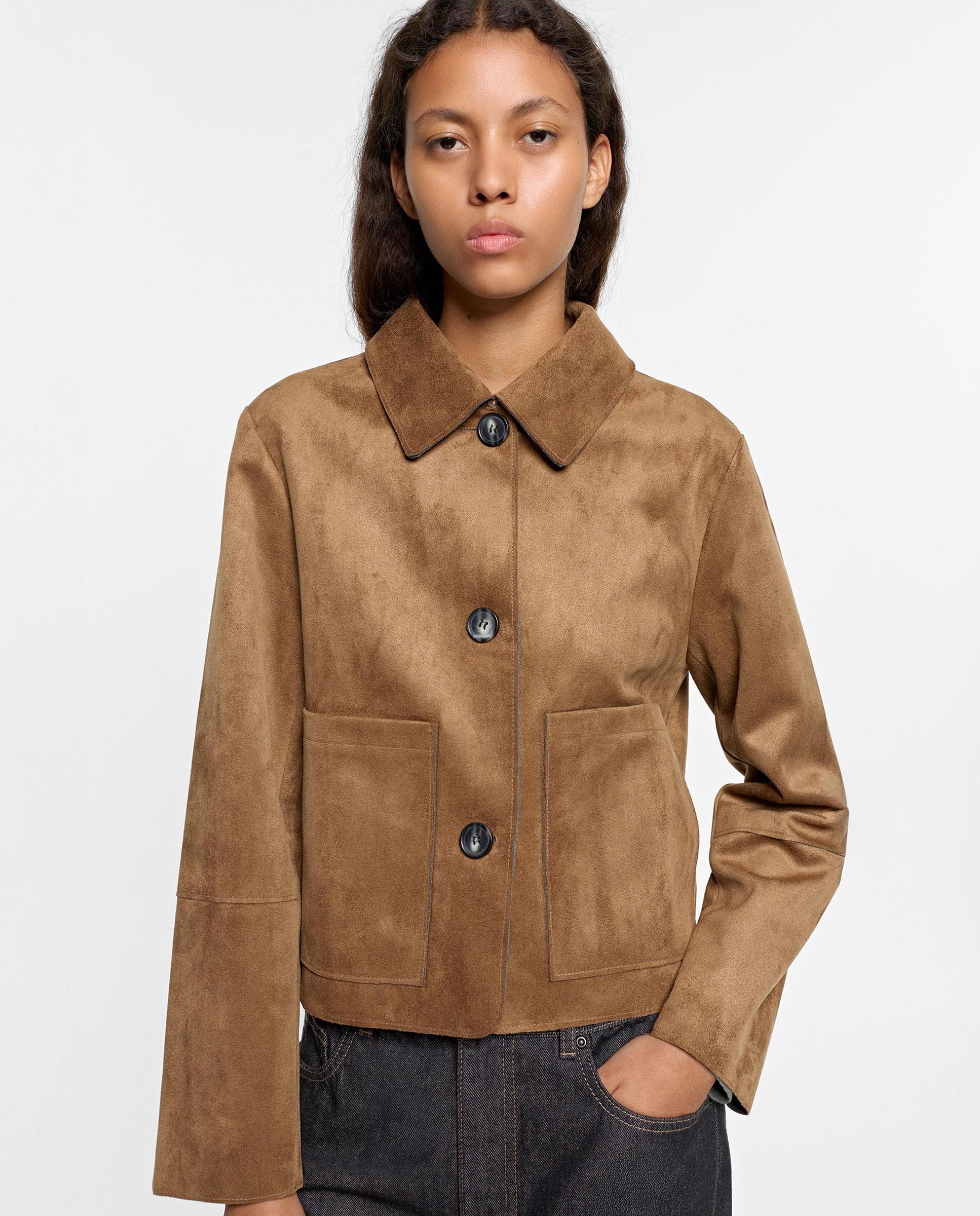 Chaqueta de mujer efecto ante con cierre de botones en liso - Parfois - Camel Camel-5