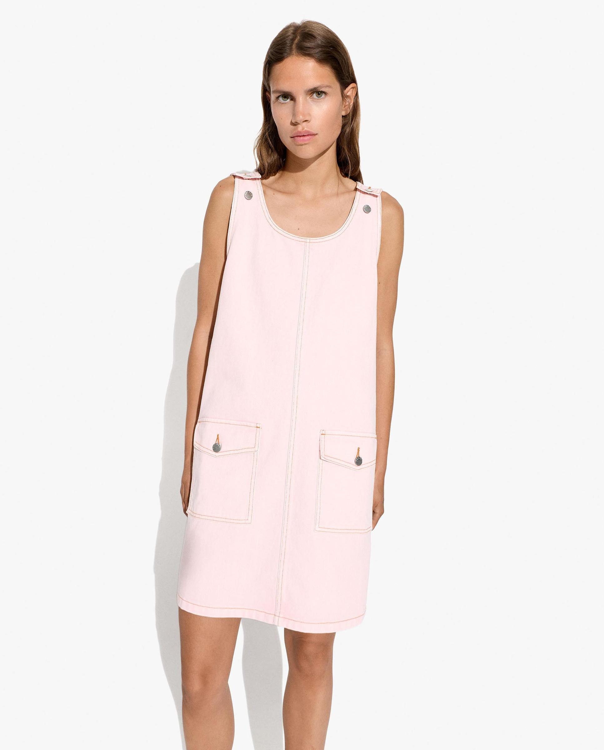 Vestido corto 100% algodón con bolsillos de solapa en liso - Parfois - Rosa Rosa-2