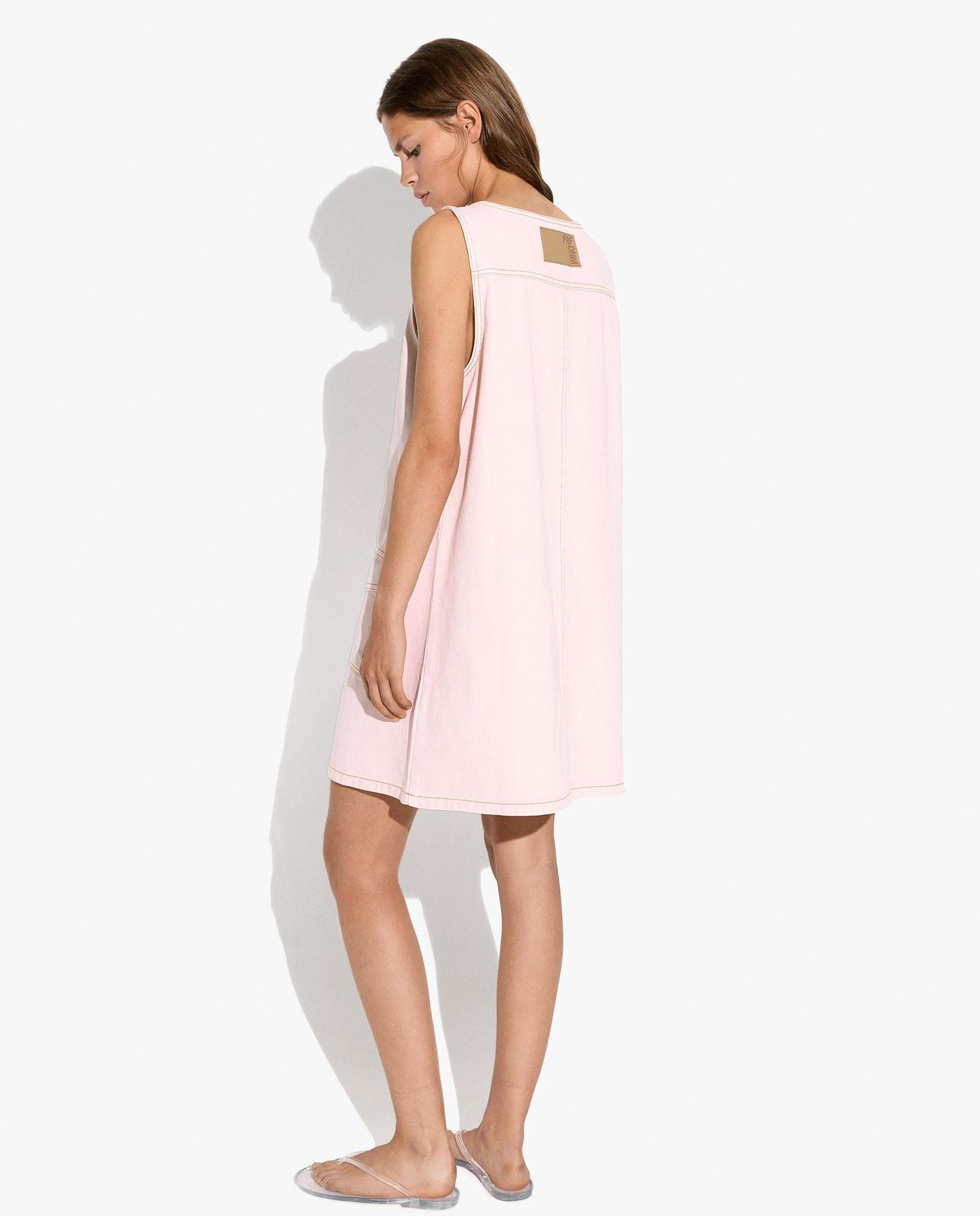 Vestido corto 100% algodón con bolsillos de solapa en liso - Parfois - Rosa Rosa-4