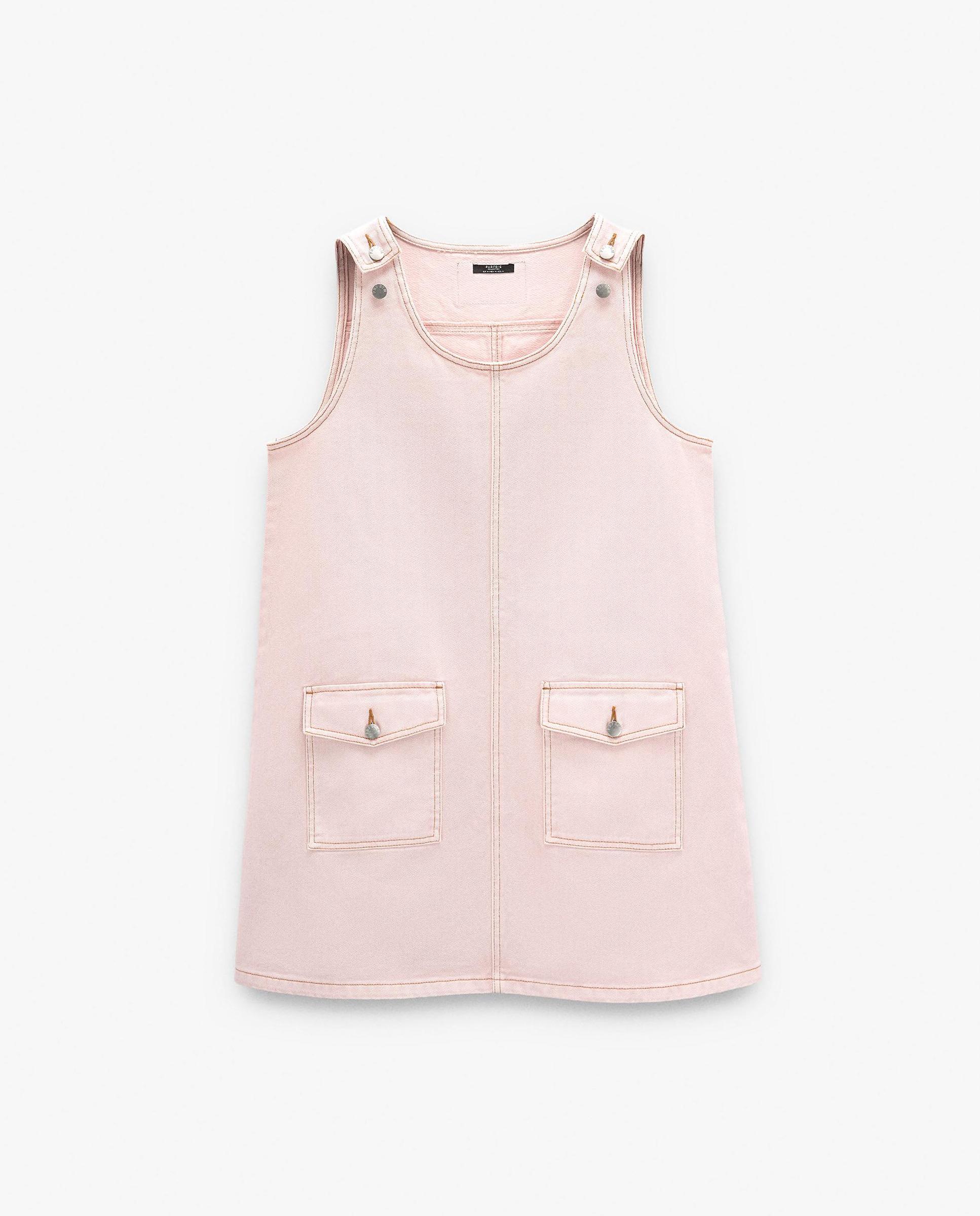 Vestido corto 100% algodón con bolsillos de solapa en liso - Parfois - Rosa Rosa-6