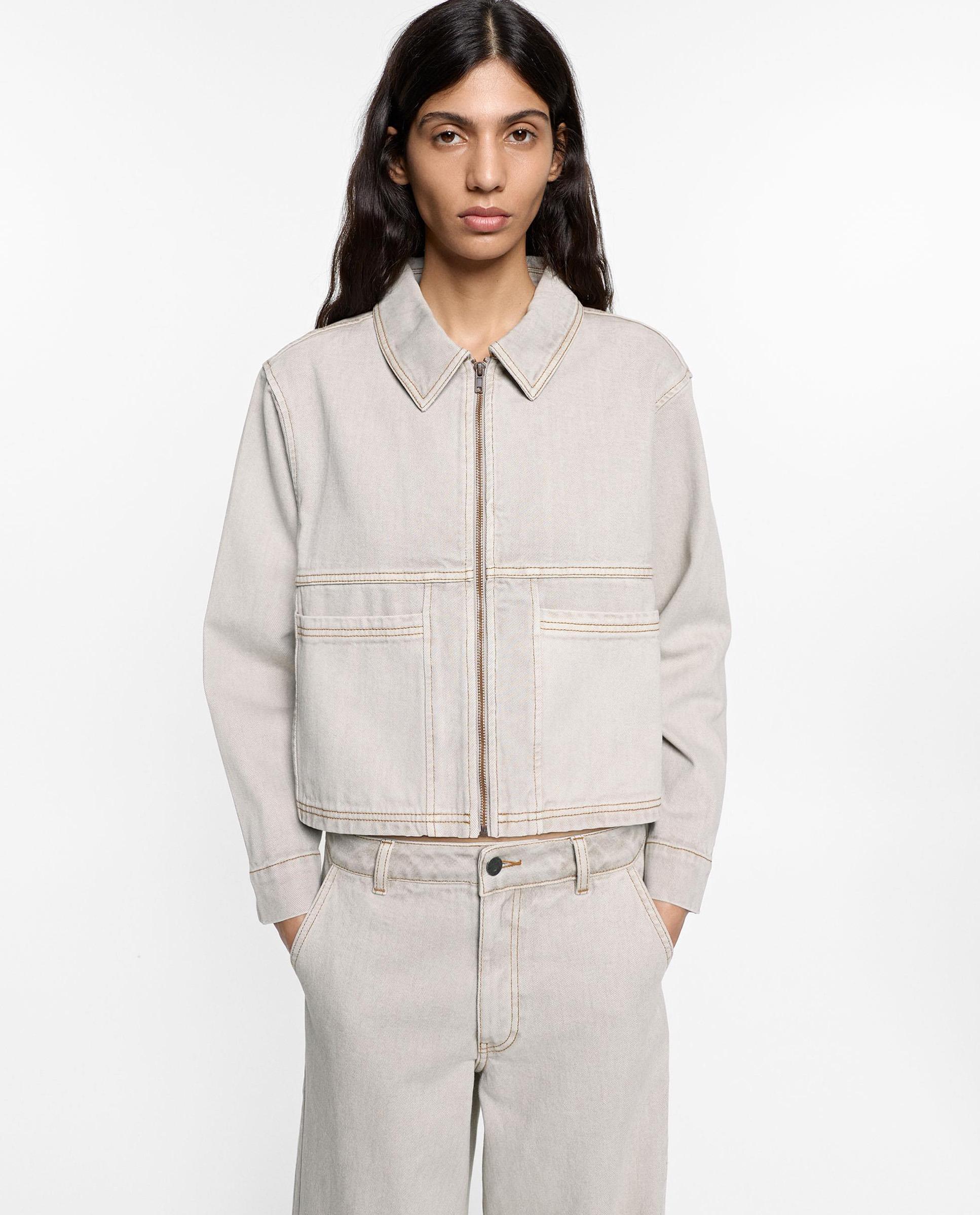 Chaqueta de mujer 100% algodón denim con cierre de cremallera - Parfois - Gris Gris-1