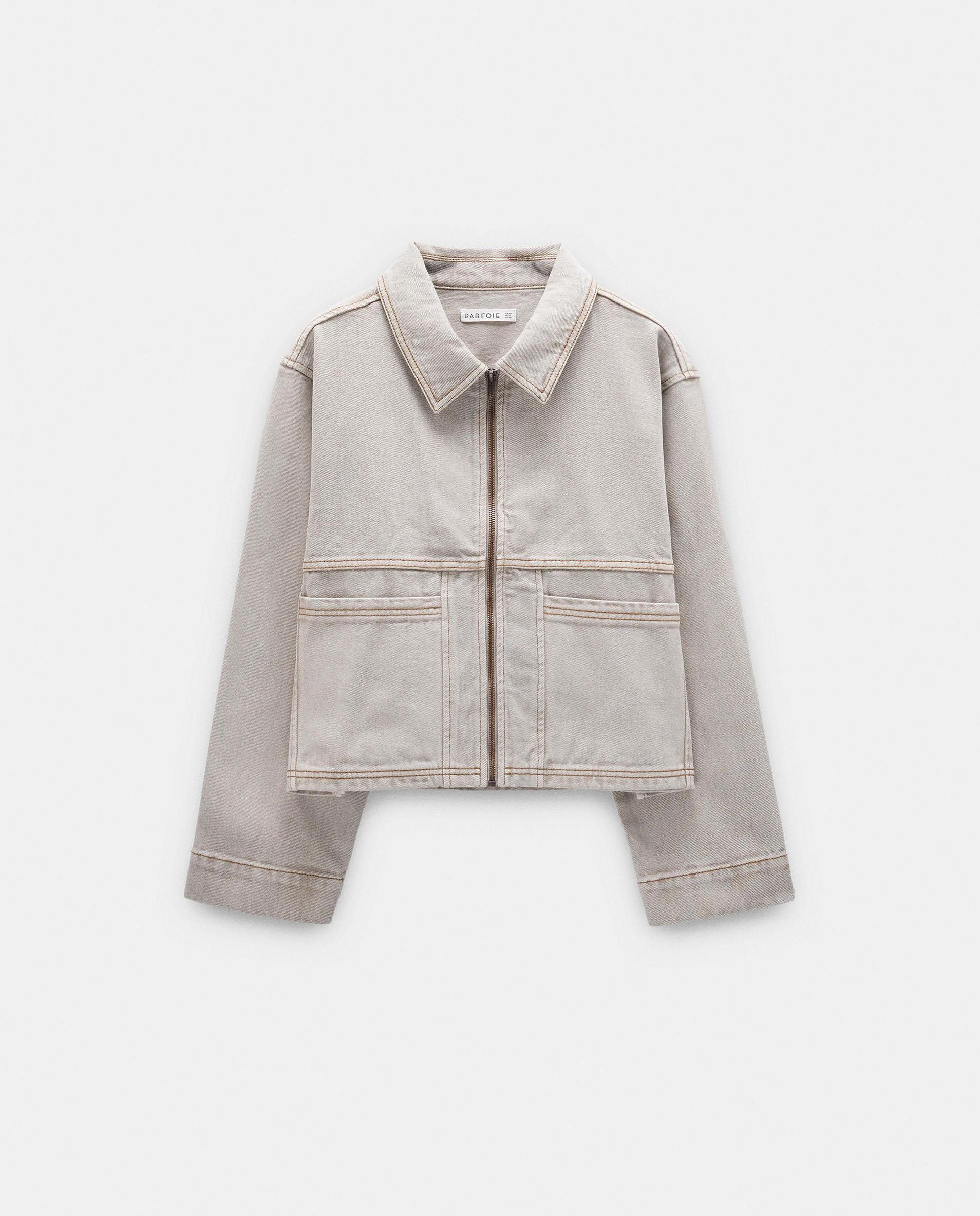 Chaqueta de mujer 100% algodón denim con cierre de cremallera - Parfois - Gris Gris-7