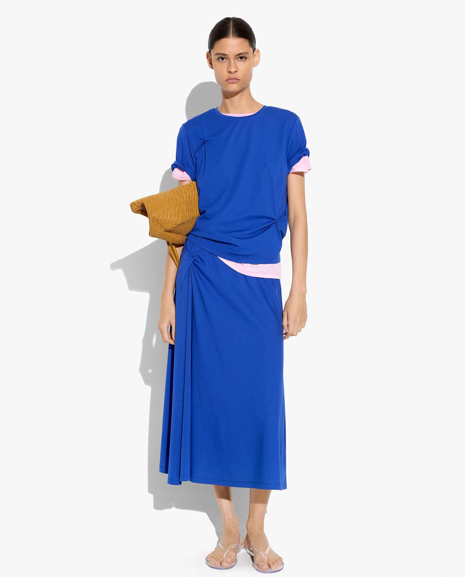 Falda midi con fruncido y vuelo - Parfois - Azul Azul-5
