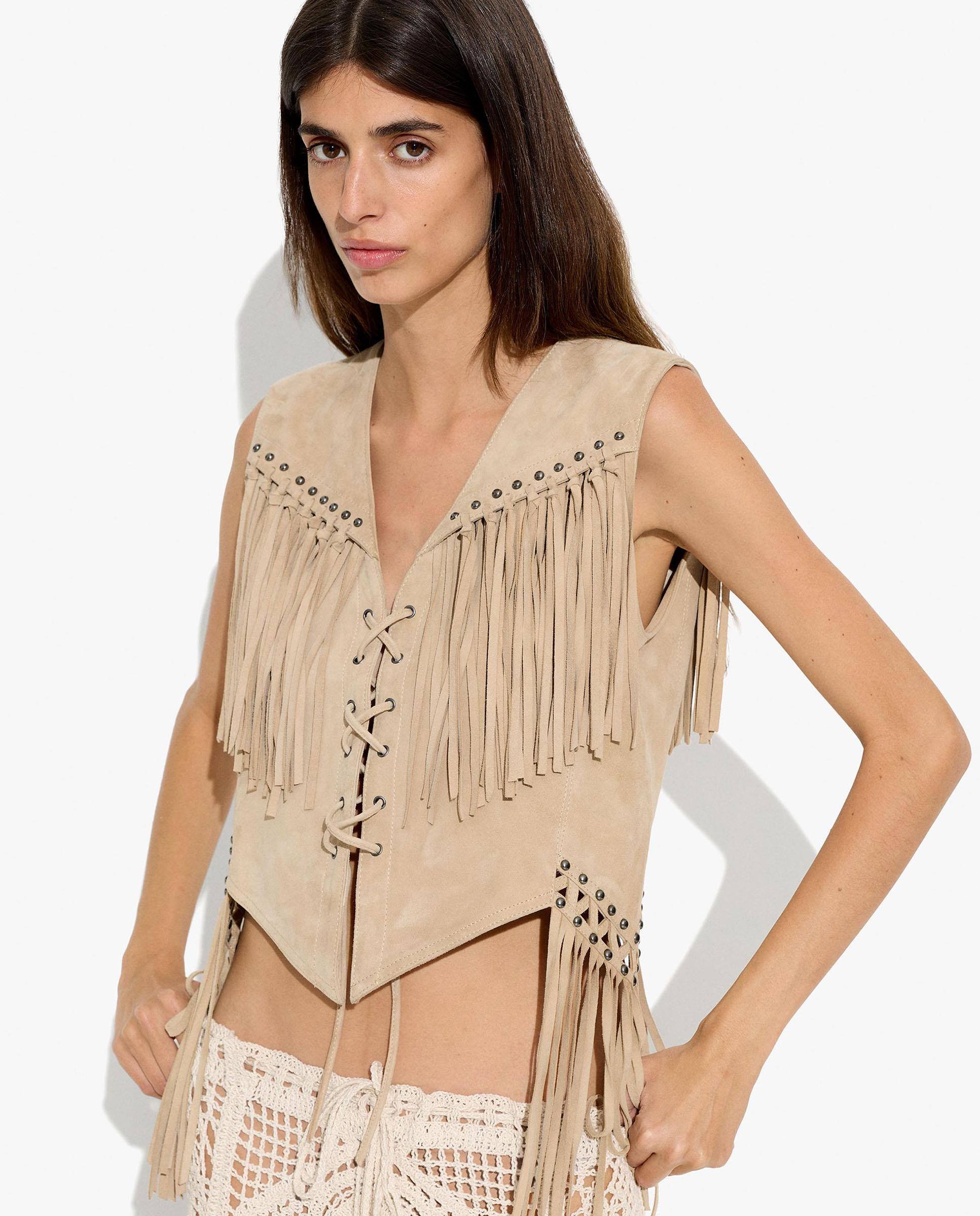 Chaleco de mujer 100% piel con flecos decorativos - Parfois - Marrón claro Marrón claro-1