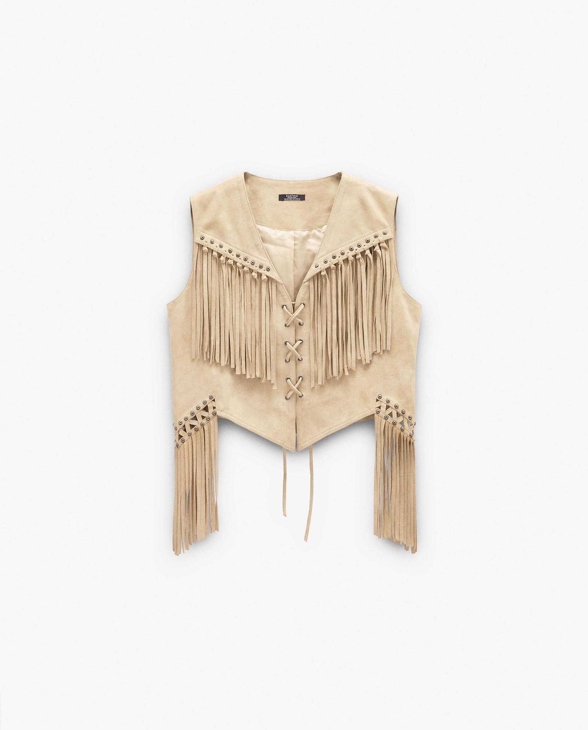 Chaleco de mujer 100% piel con flecos decorativos - Parfois - Marrón claro Marrón claro-6