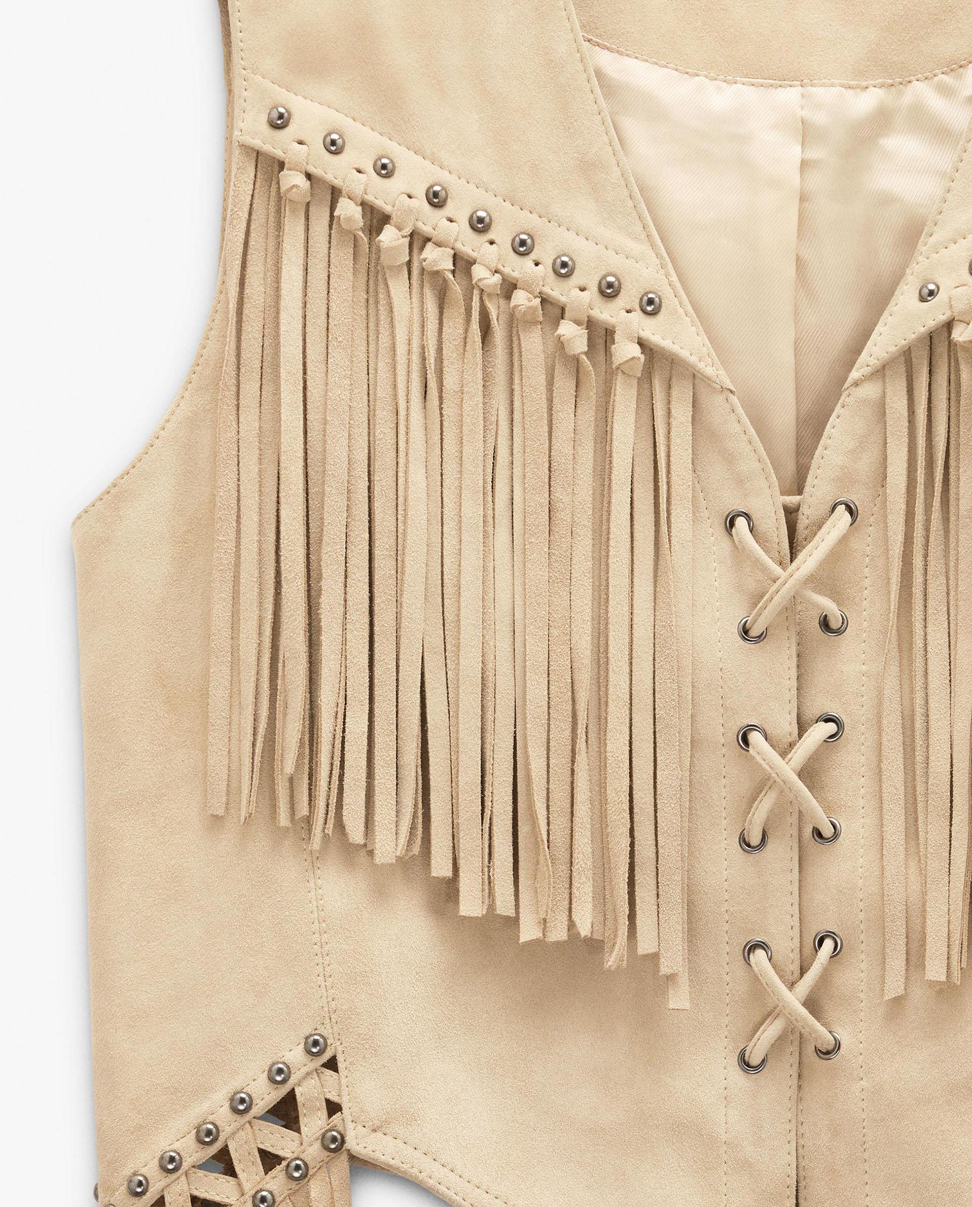 Chaleco de mujer 100% piel con flecos decorativos - Parfois - Marrón claro Marrón claro-5