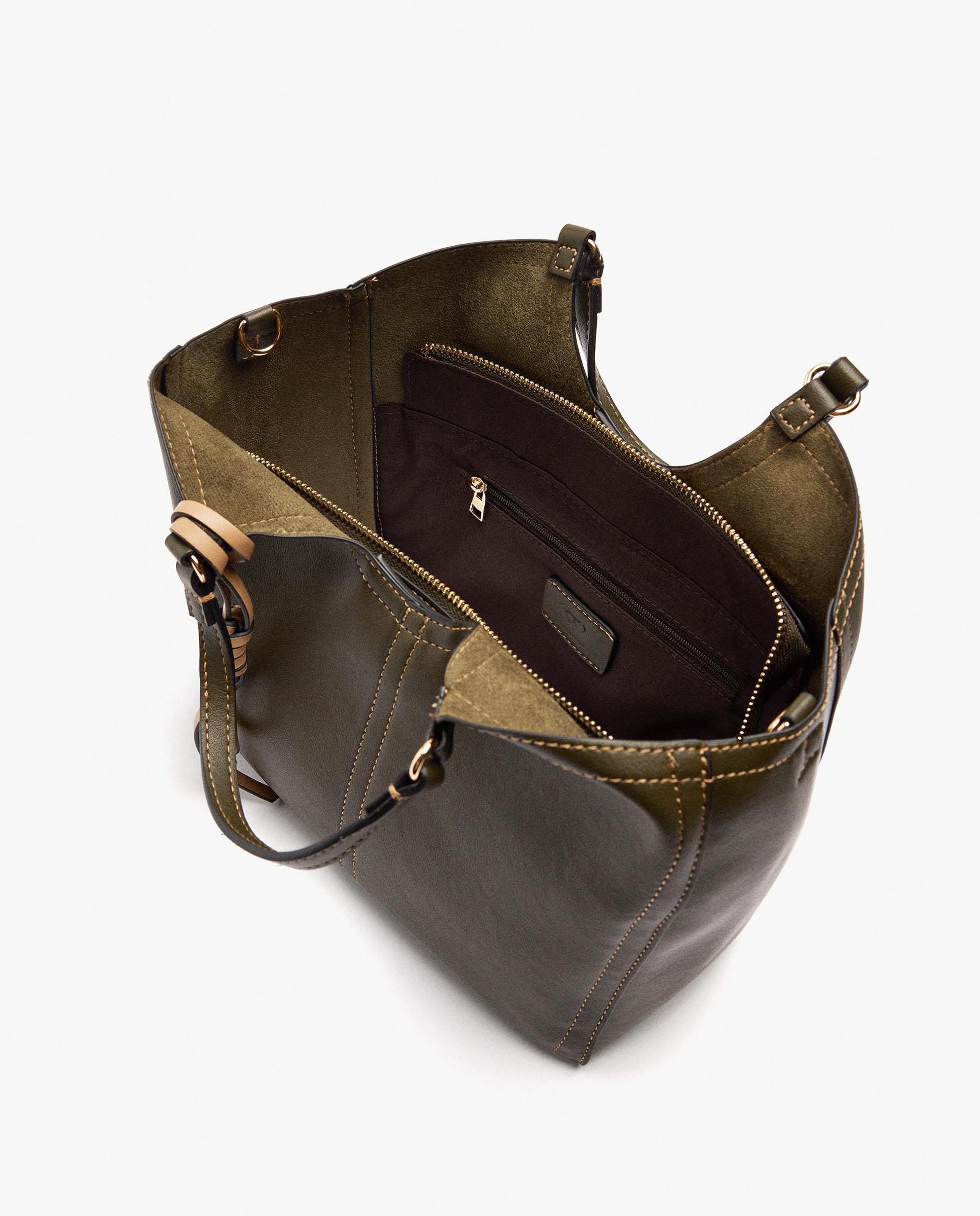 Bolso de mano estilo tote convertible a bandolera con cierre de cremallera en liso - Parfois - Kaki Kaki-4