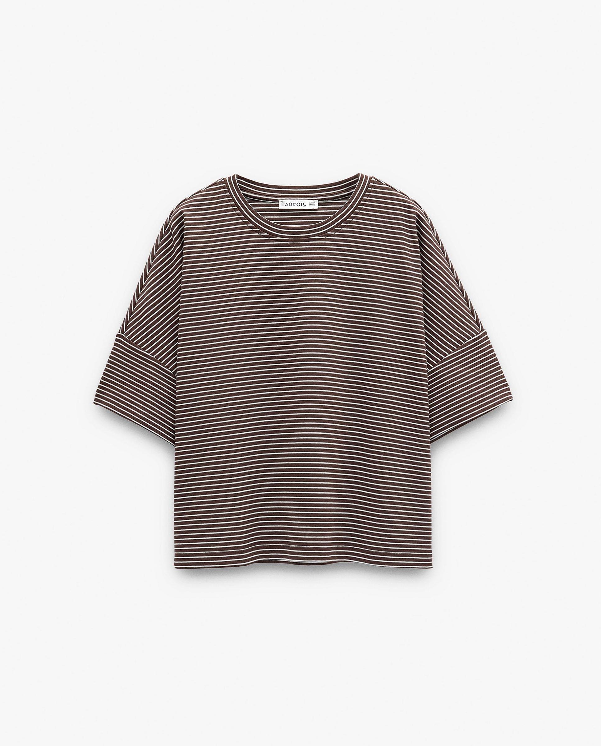 Camiseta de mujer de manga corta con estampado de rayas - Parfois - Marrón Marrón-7