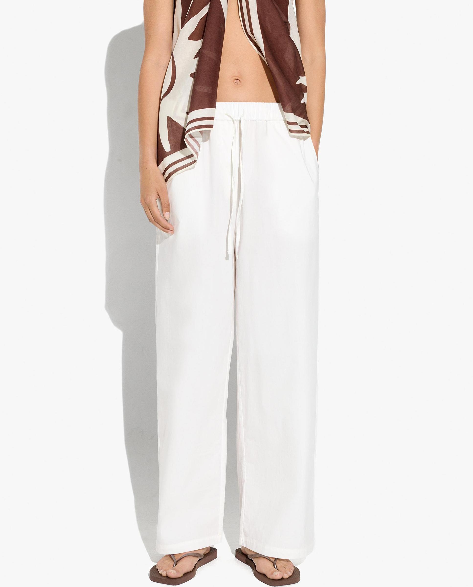 Pantalones rectos de mujer 100% algodón con cintura elástica en liso - Parfois - Blanco Blanco-2