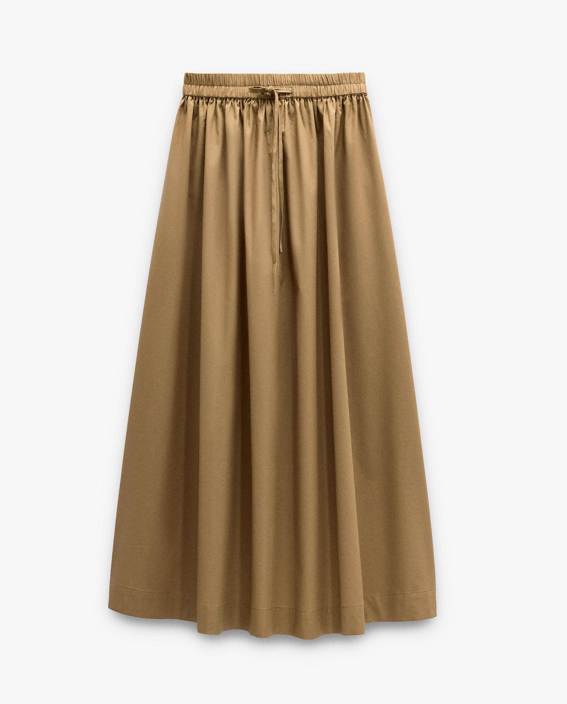 Falda larga 100% algodón con cintura ajustable en liso - Parfois - Marrón claro Marrón claro-6