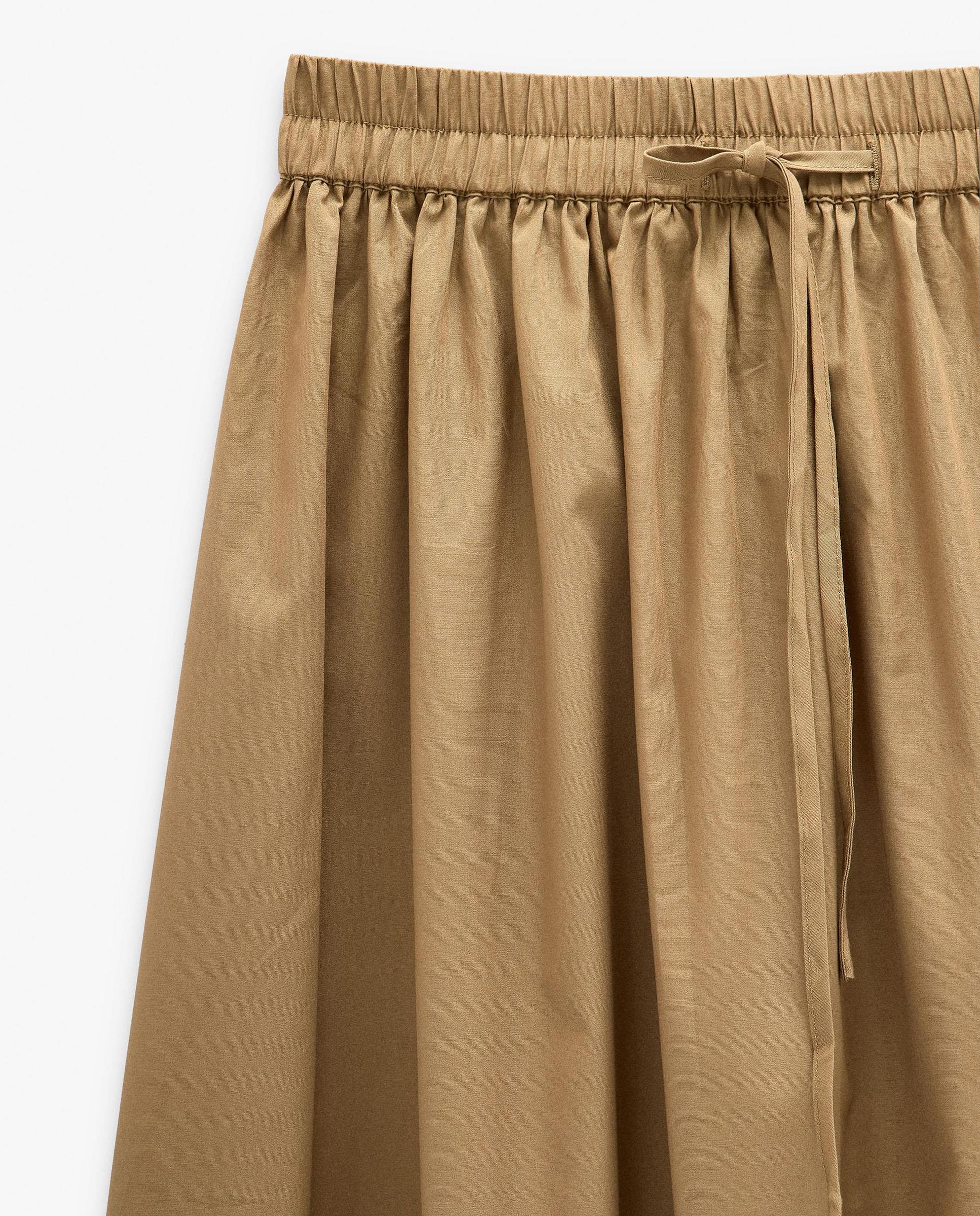 Falda larga 100% algodón con cintura ajustable en liso - Parfois - Marrón claro Marrón claro-5